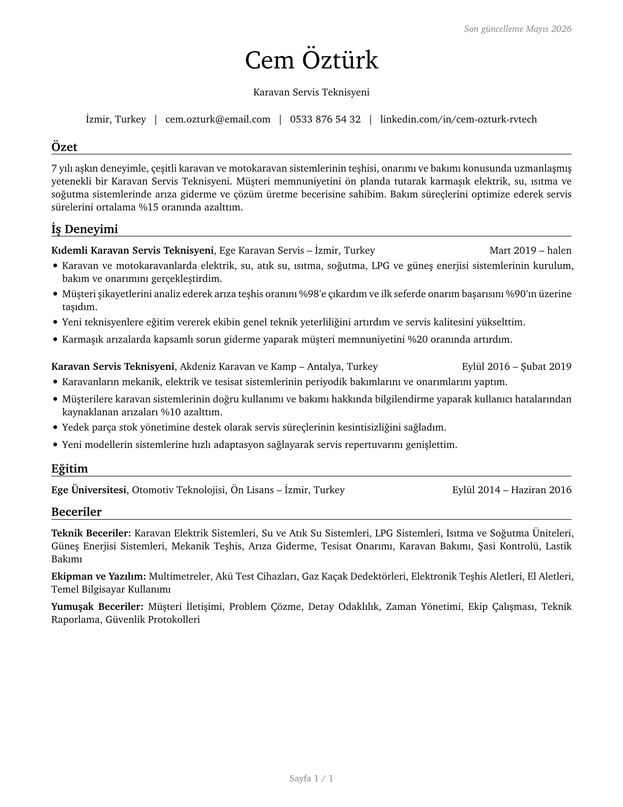 Recreational Vehicle Service Technicians CV in Turkish — page 1