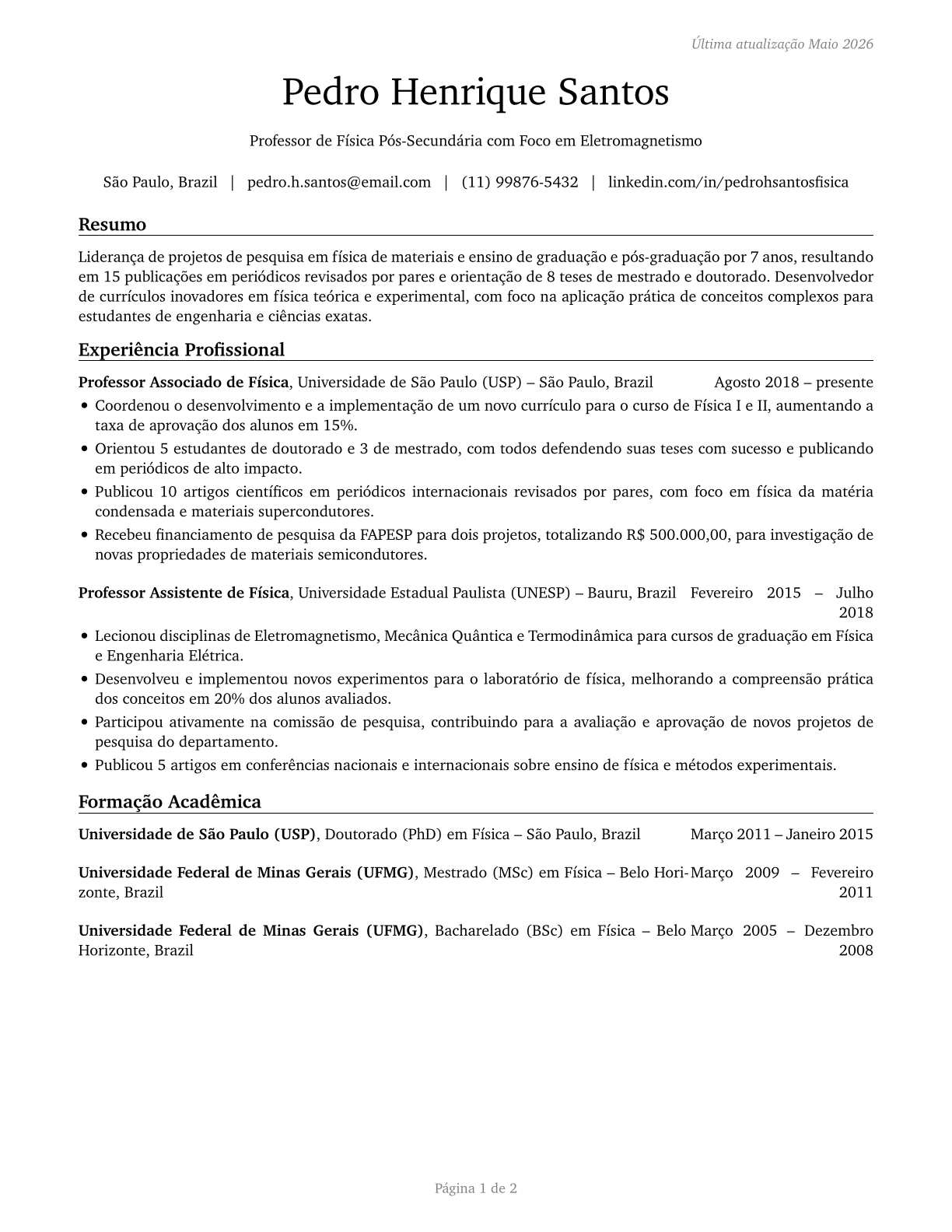 Physics Teachers, Postsecondary CV in Portuguese — page 1