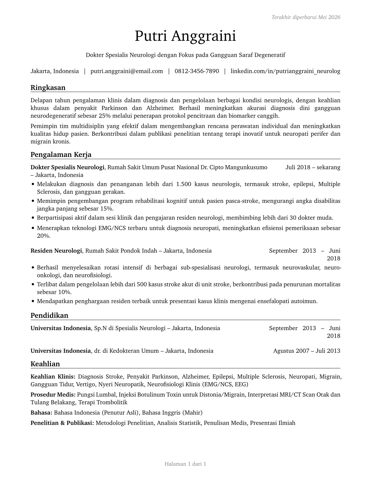 Neurologists CV in Indonesian — page 1