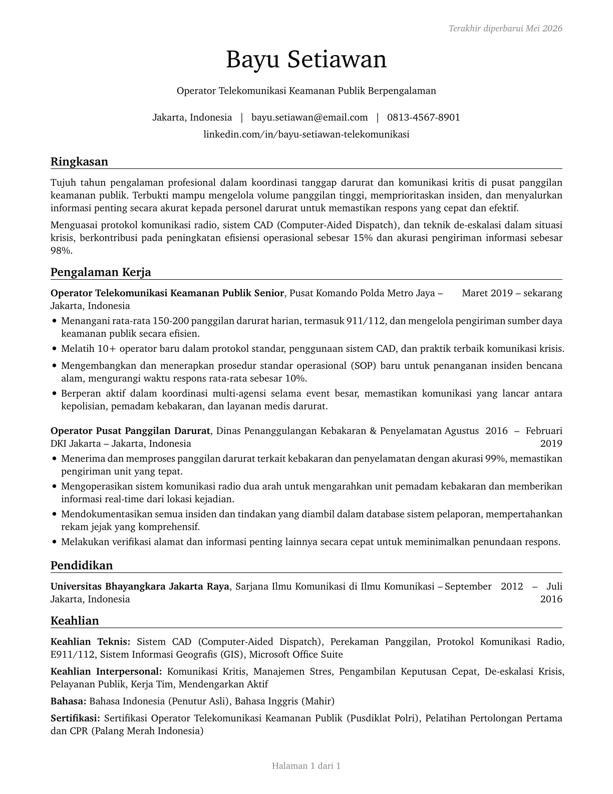 Public Safety Telecommunicators CV in Indonesian — page 1
