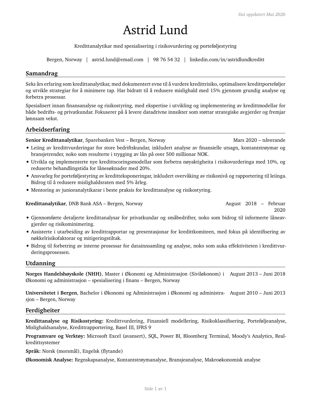 Credit Analysts CV in Norwegian_nynorsk — page 1