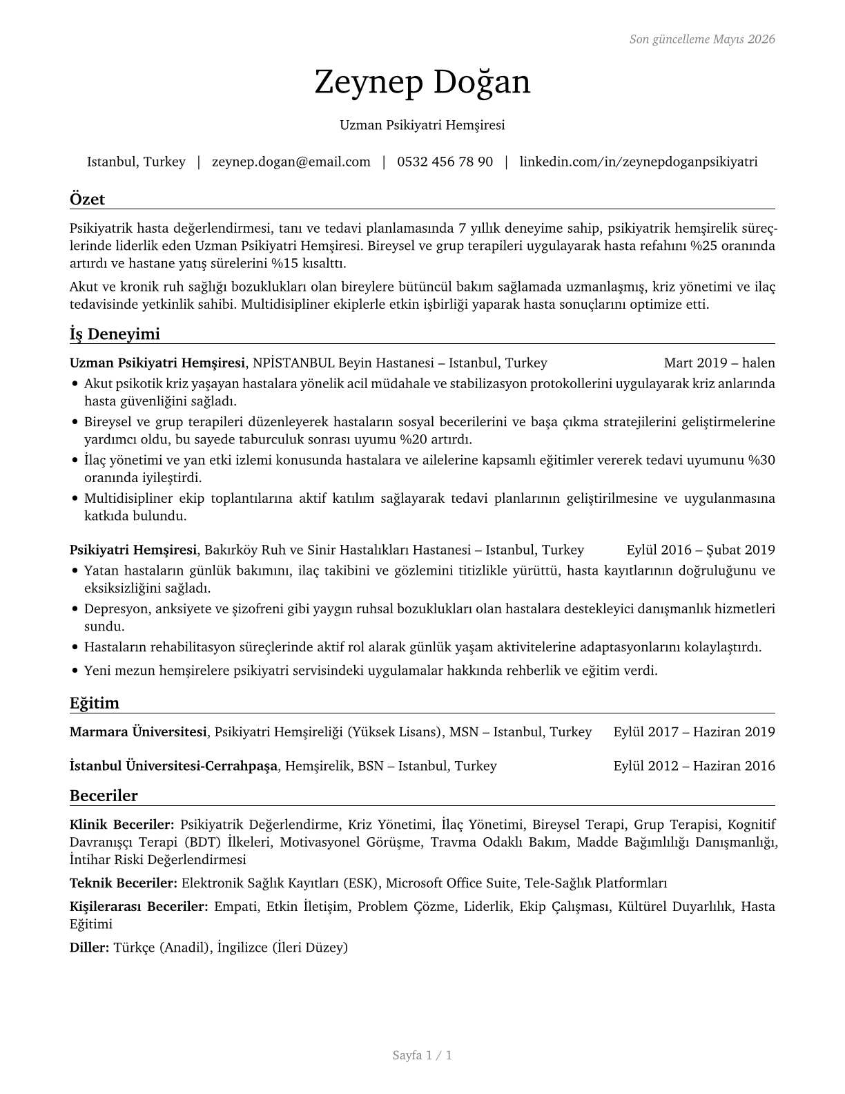 Advanced Practice Psychiatric Nurses CV in Turkish — page 1