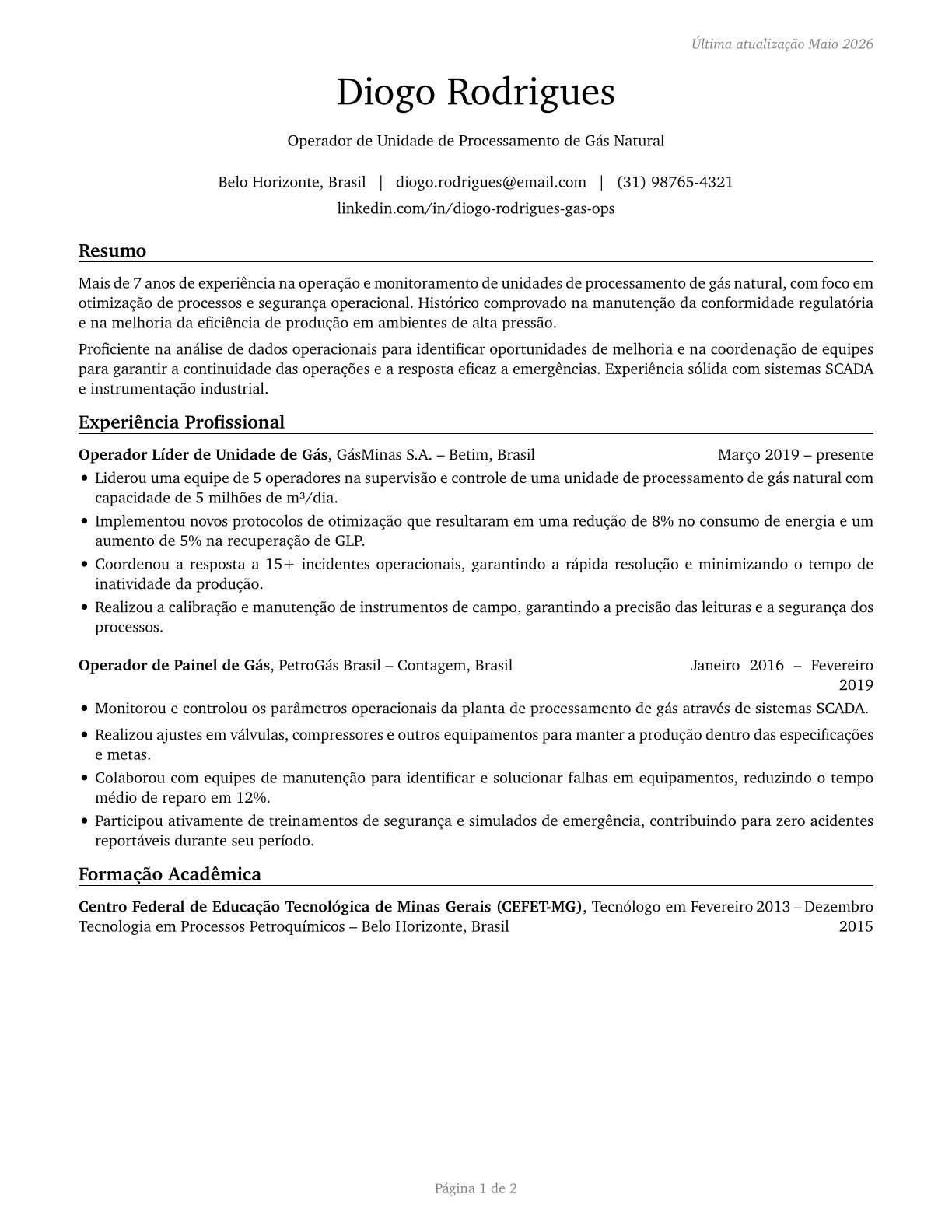 Gas Plant Operators CV in Portuguese — page 1