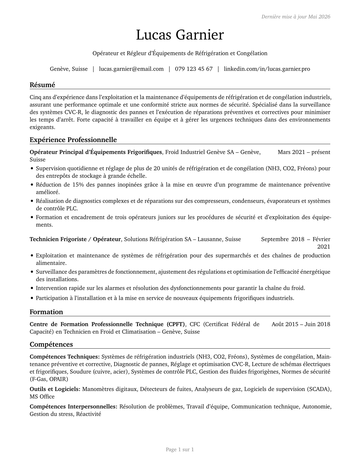 Cooling and Freezing Equipment Operators and Tenders CV in French — page 1