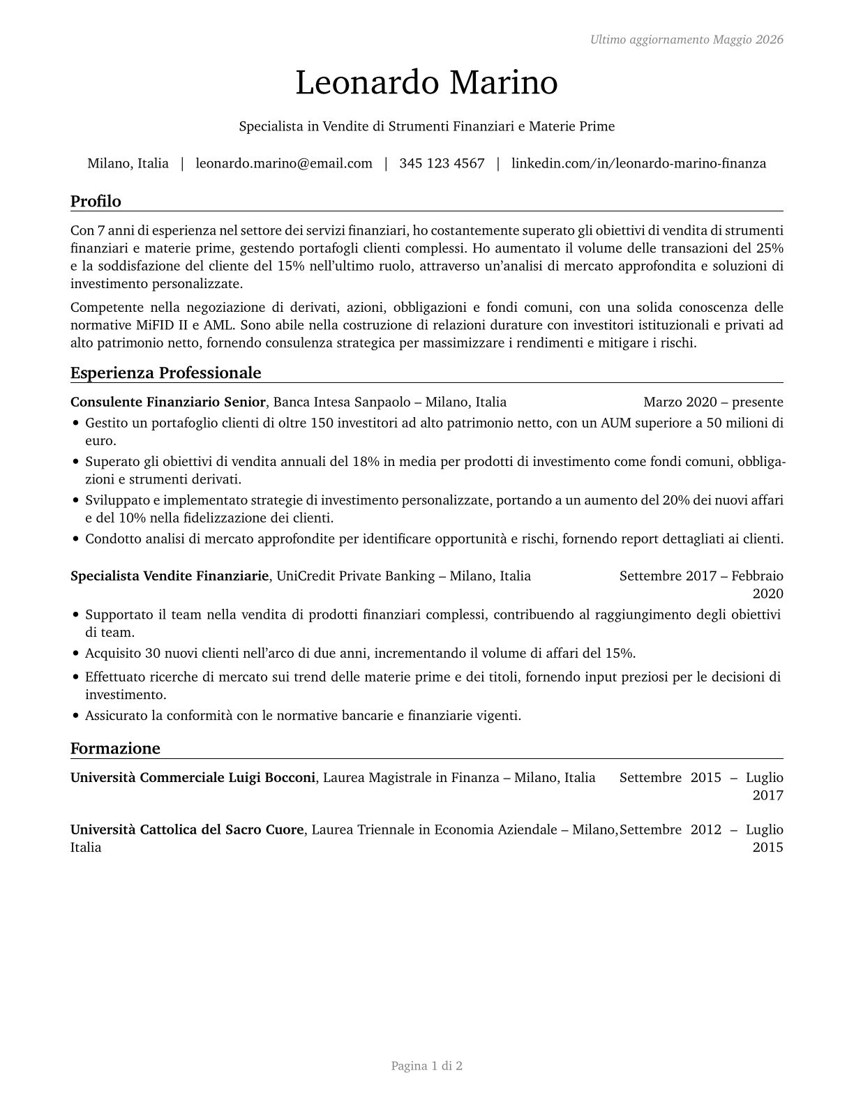 Securities, Commodities, and Financial Services Sales Agents CV in Italian — page 1