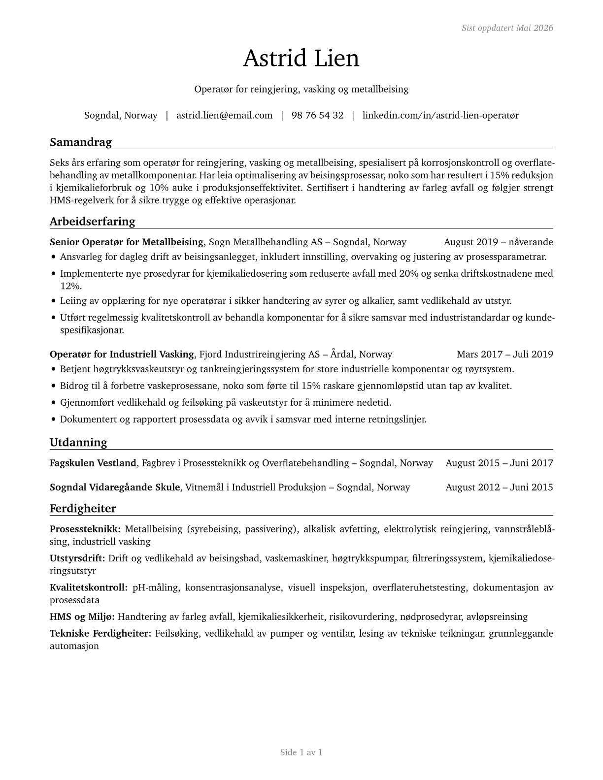 Cleaning, Washing, and Metal Pickling Equipment Operators and Tenders CV in Norwegian_nynorsk — page 1