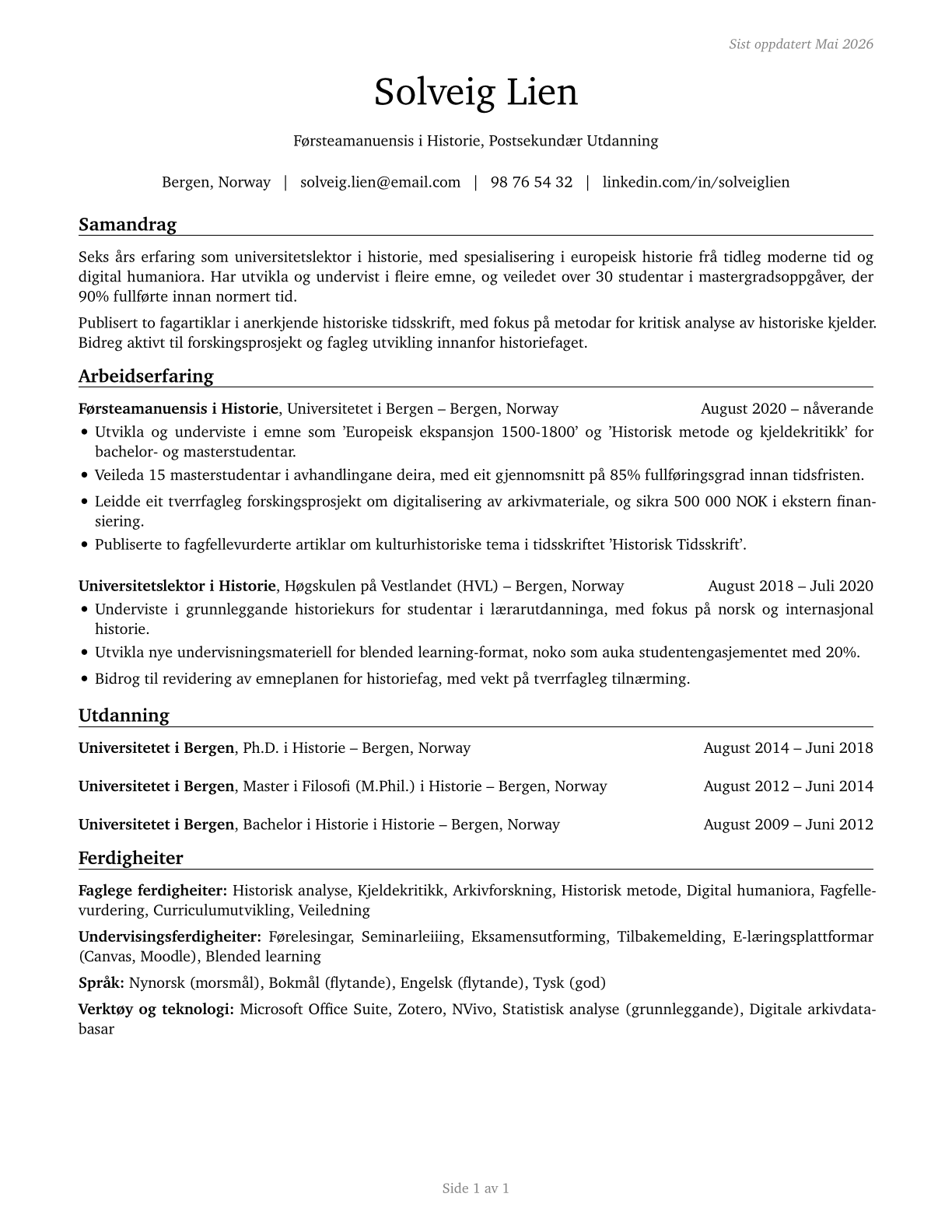History Teachers, Postsecondary CV in Norwegian_nynorsk — page 1
