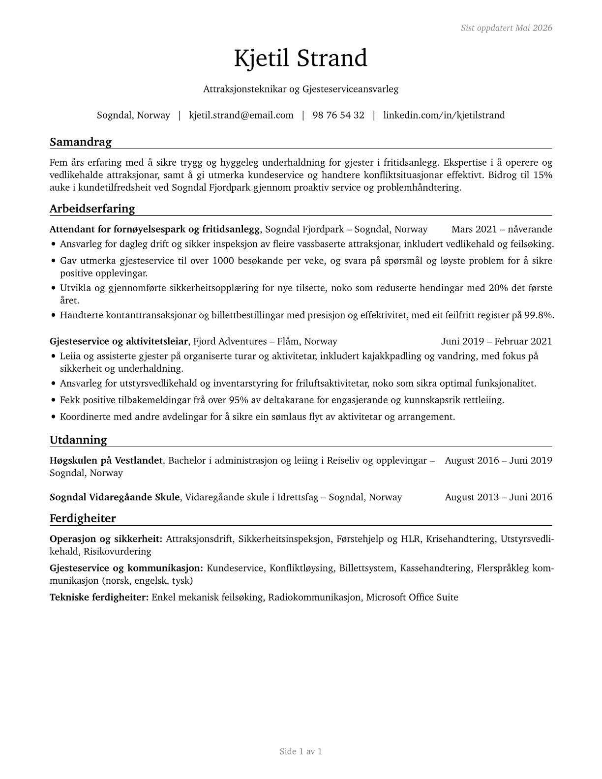 Amusement and Recreation Attendants CV in Norwegian_nynorsk — page 1