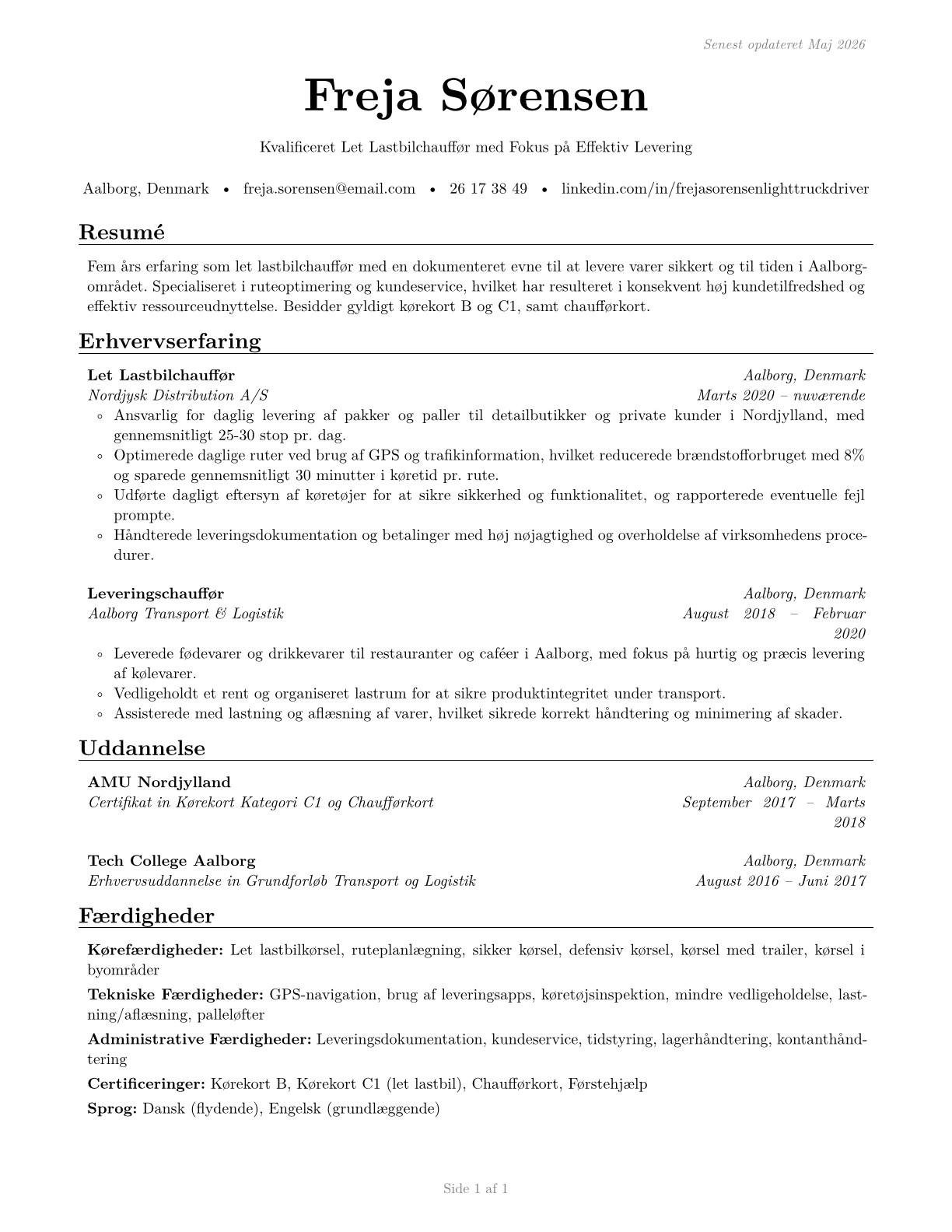 Light Truck Drivers CV in Danish — page 1