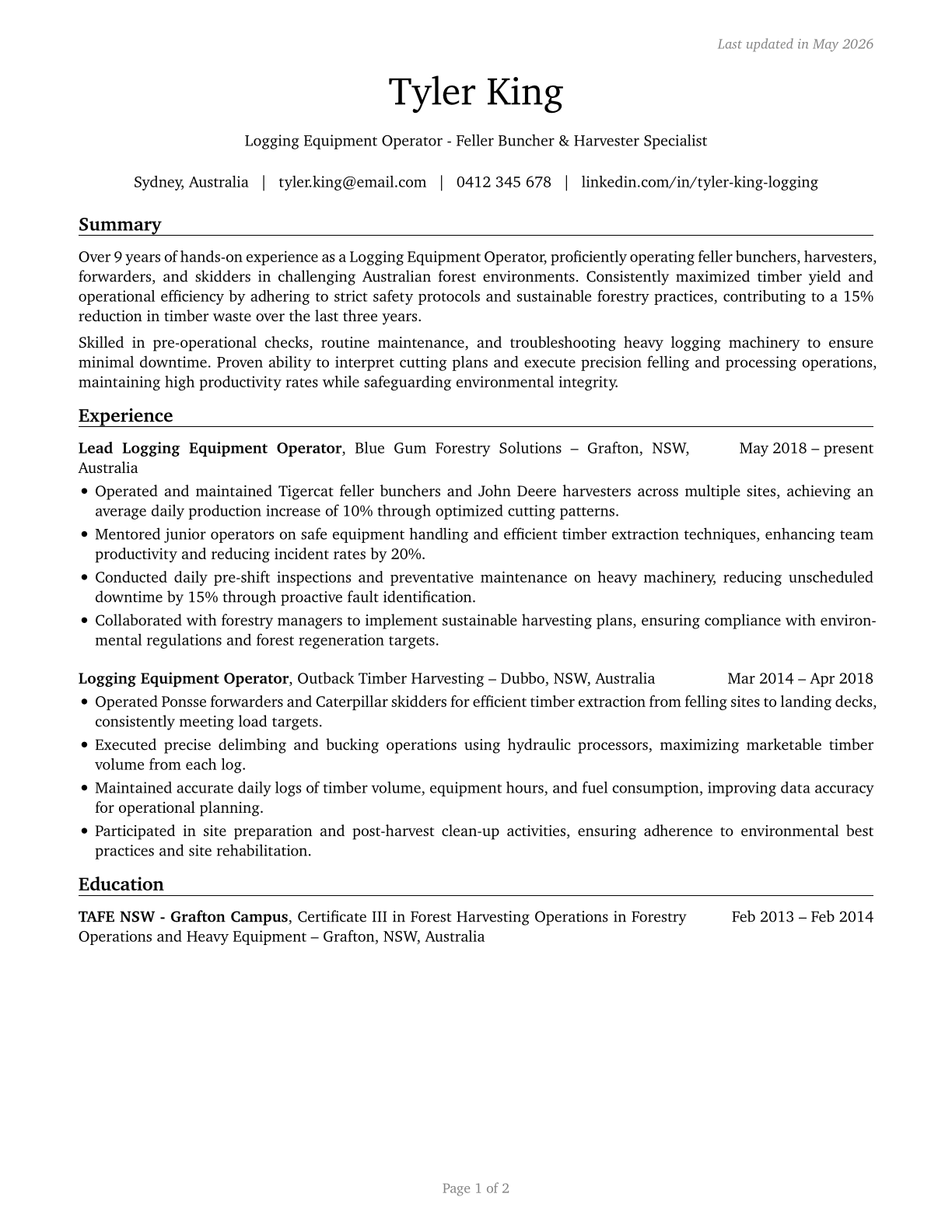 Logging Equipment Operators CV in English — page 1