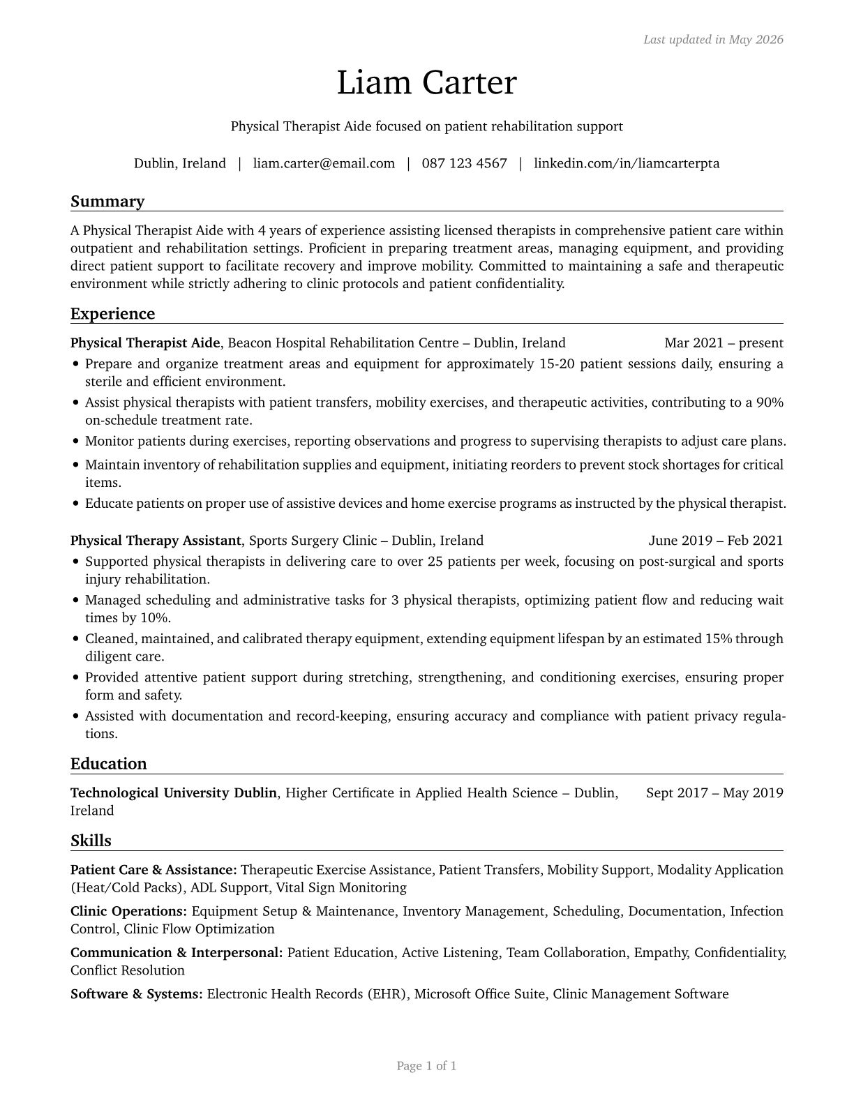 Physical Therapist Aides CV in English — page 1