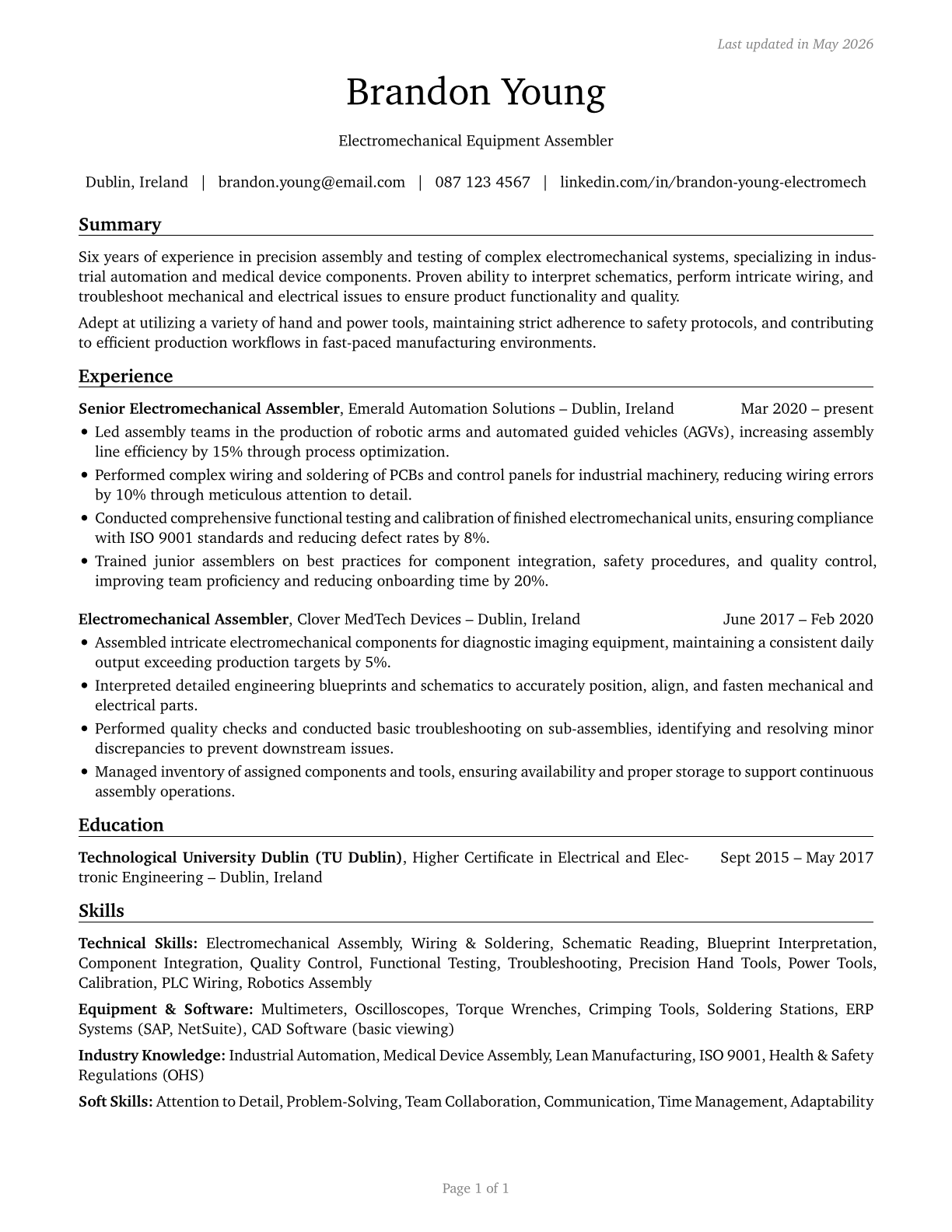 Electromechanical Equipment Assemblers CV in English — page 1