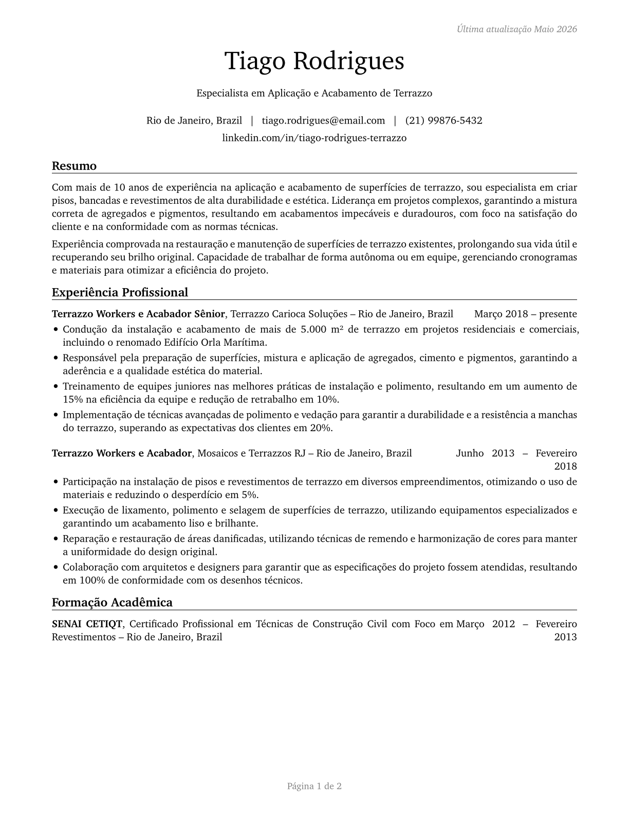 Terrazzo Workers and Finishers CV in Portuguese — page 1