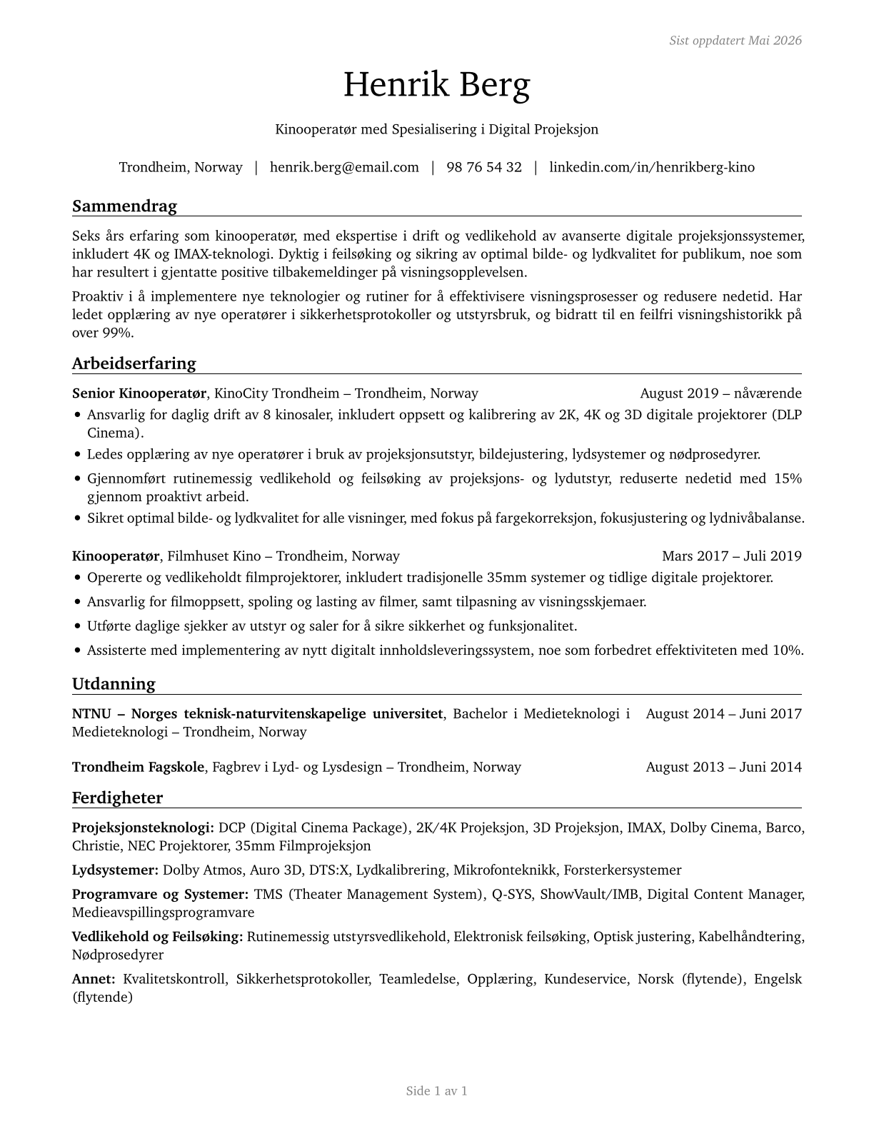 Motion Picture Projectionists CV in Norwegian_bokmal — page 1