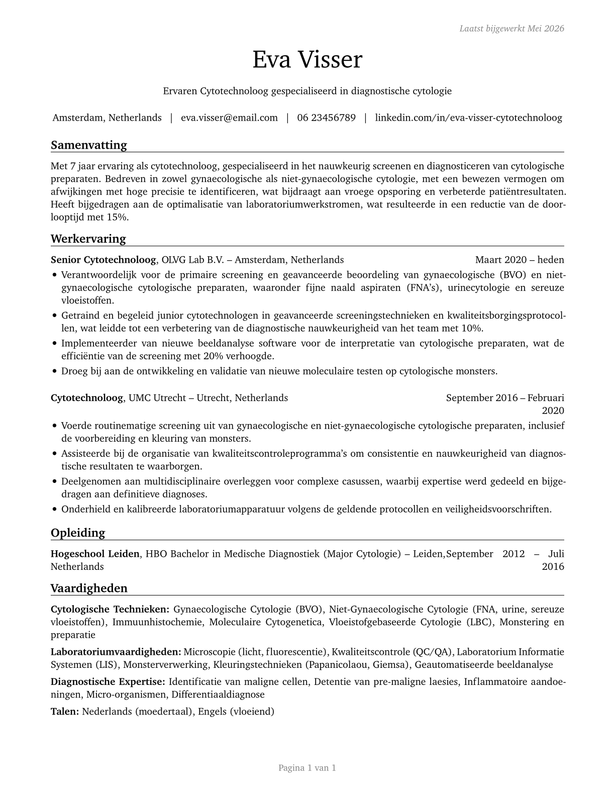 Cytotechnologists CV in Dutch — page 1