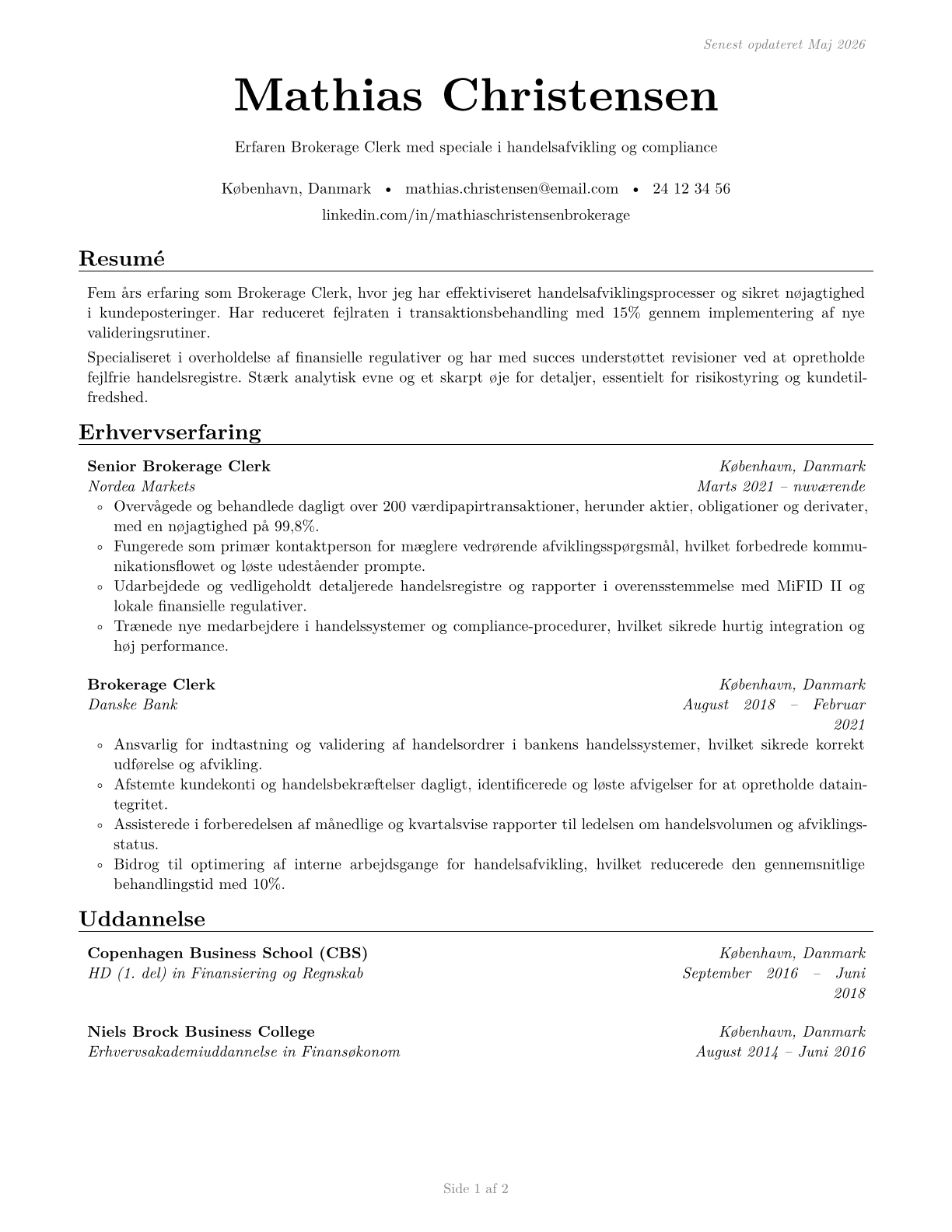 Brokerage Clerks CV in Danish — page 1