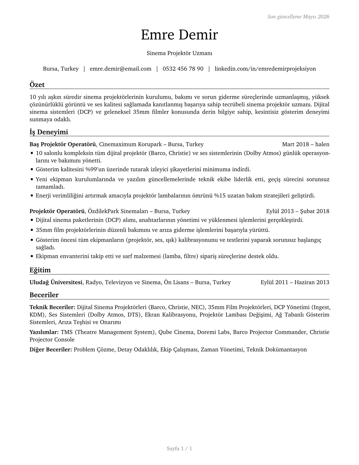 Motion Picture Projectionists CV in Turkish — page 1