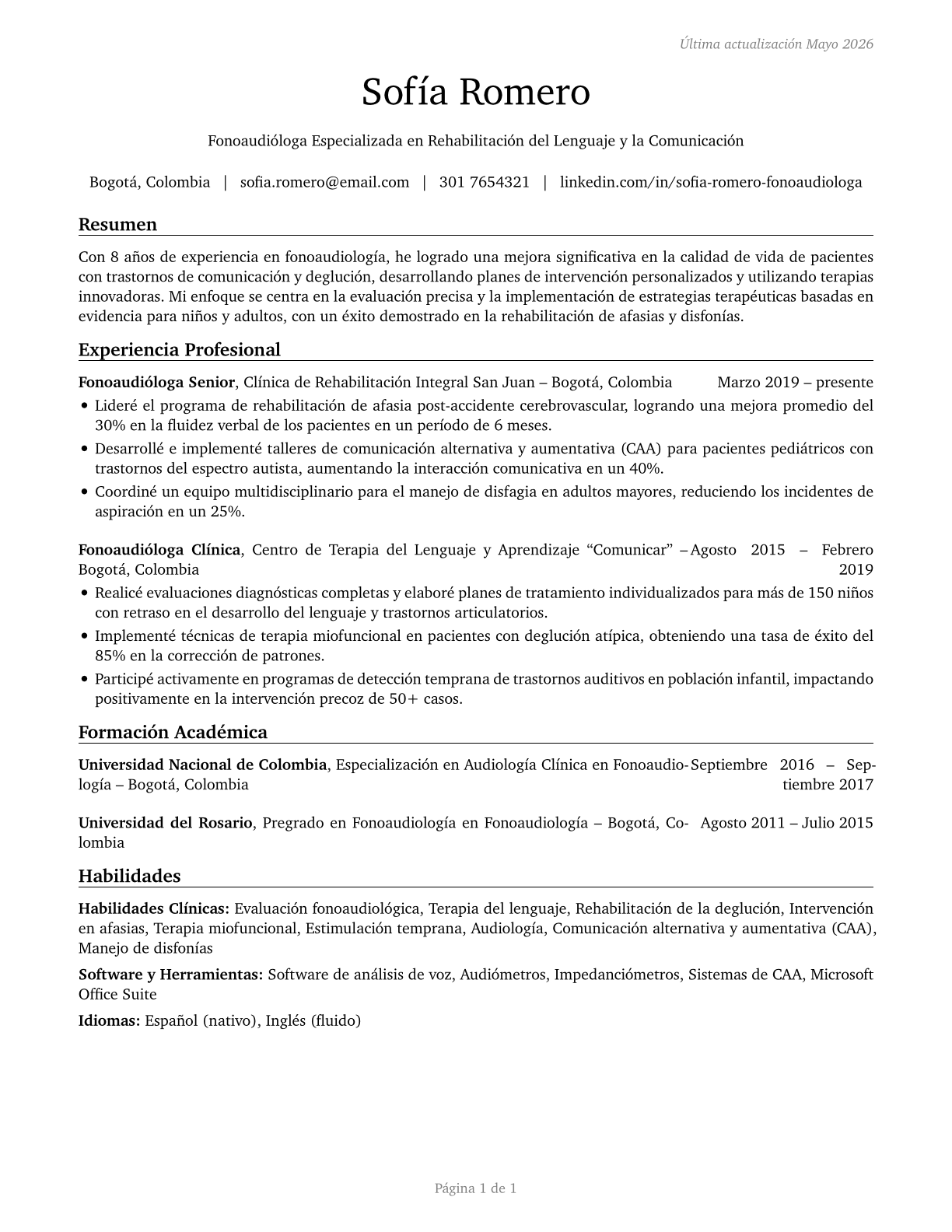 Speech-Language Pathologists CV in Spanish — page 1