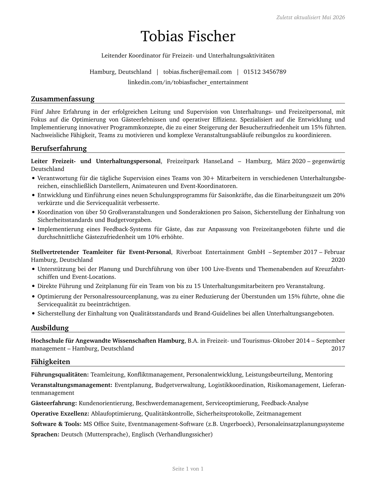 First-Line Supervisors of Entertainment and Recreation Workers, Except Gambling Services CV in German — page 1