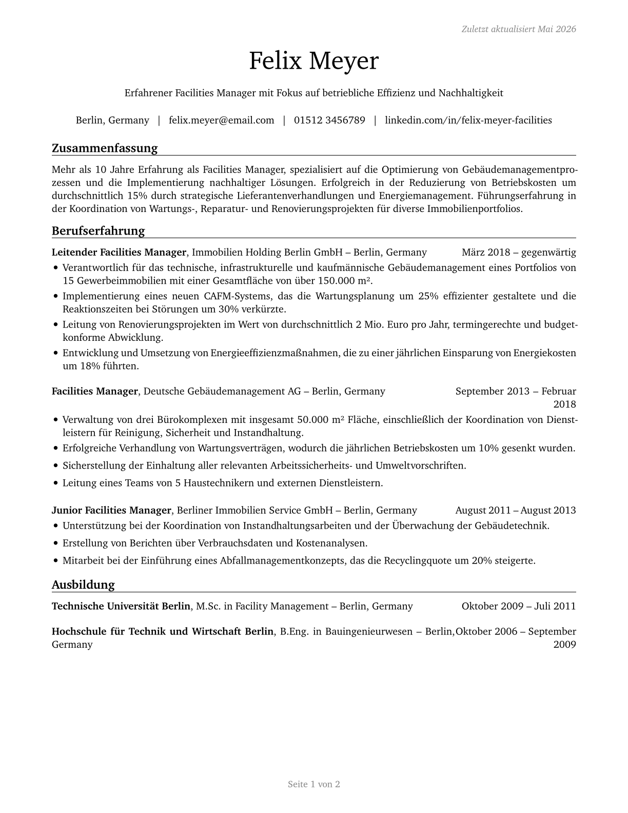 Facilities Managers CV in German — page 1