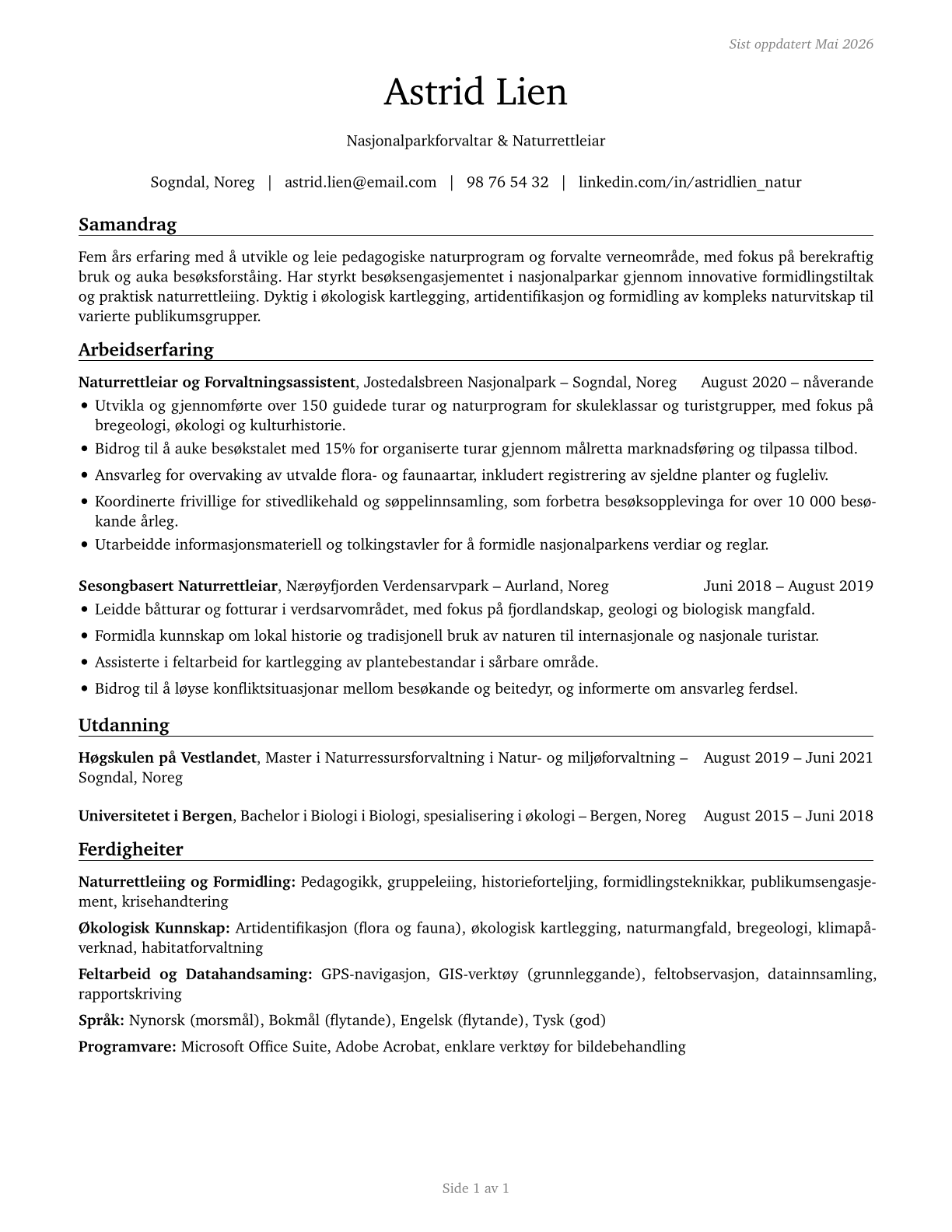Park Naturalists CV in Norwegian_nynorsk — page 1