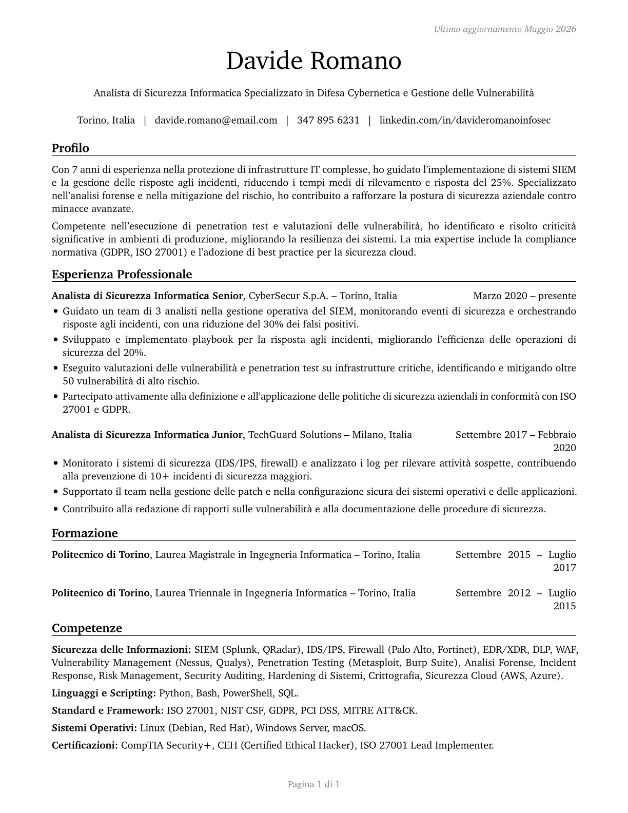 Information Security Analysts CV in Italian — page 1