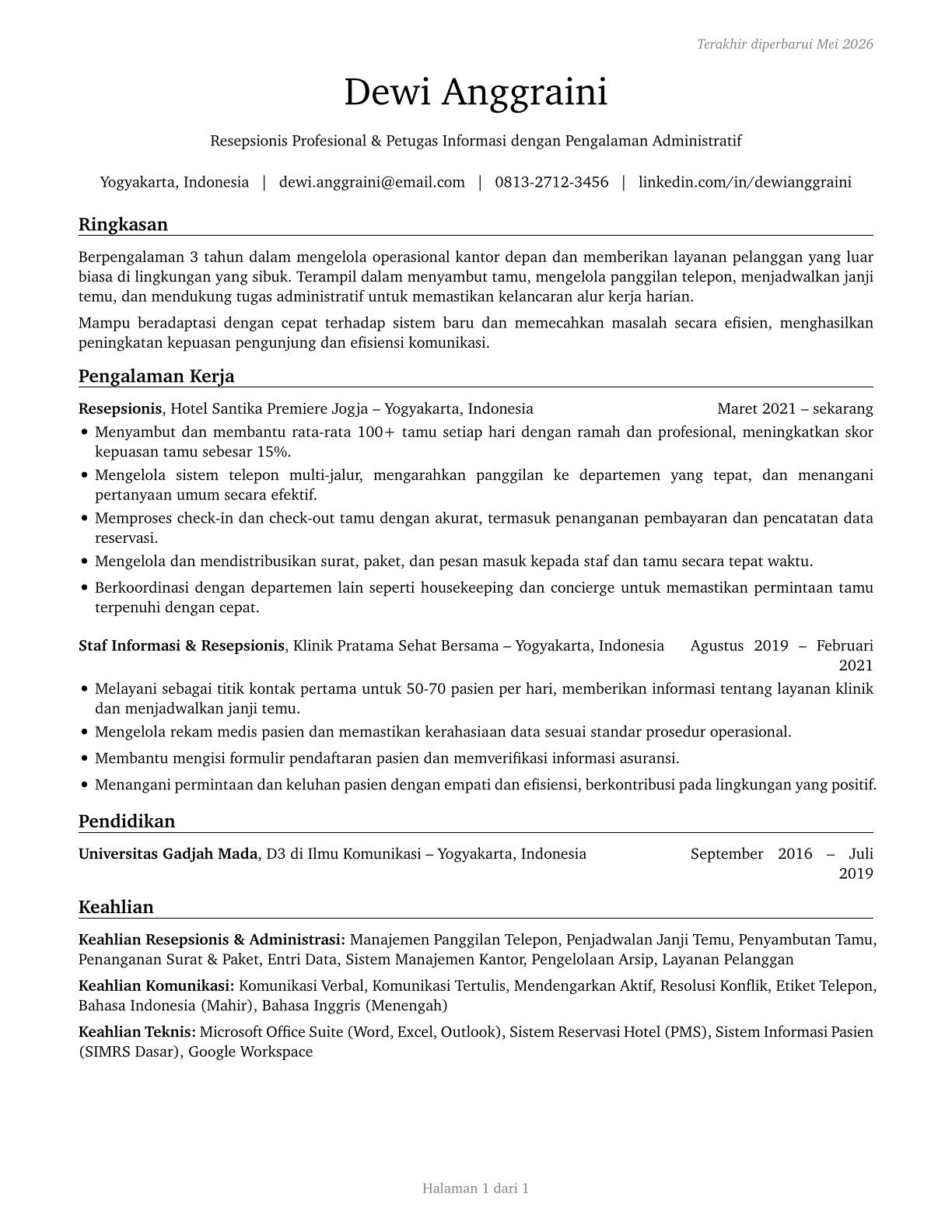Receptionists and Information Clerks CV in Indonesian — page 1