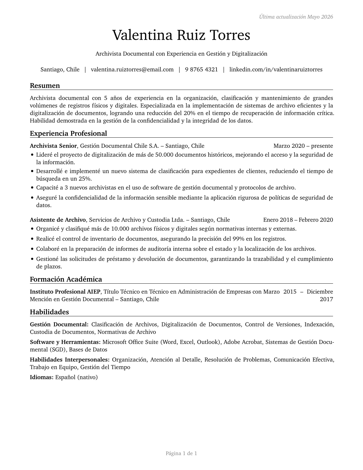 File Clerks CV in Spanish — page 1