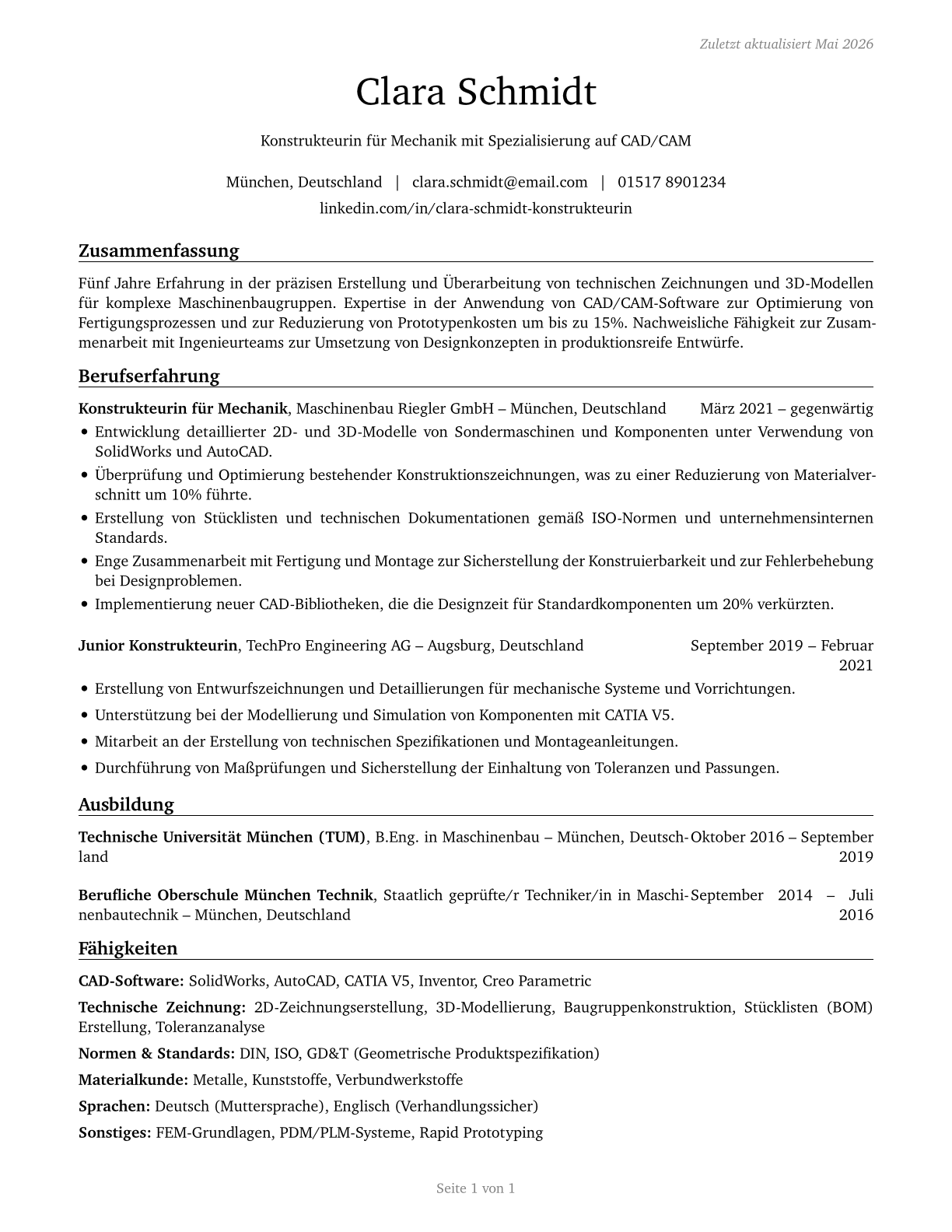 Mechanical Drafters CV in German — page 1