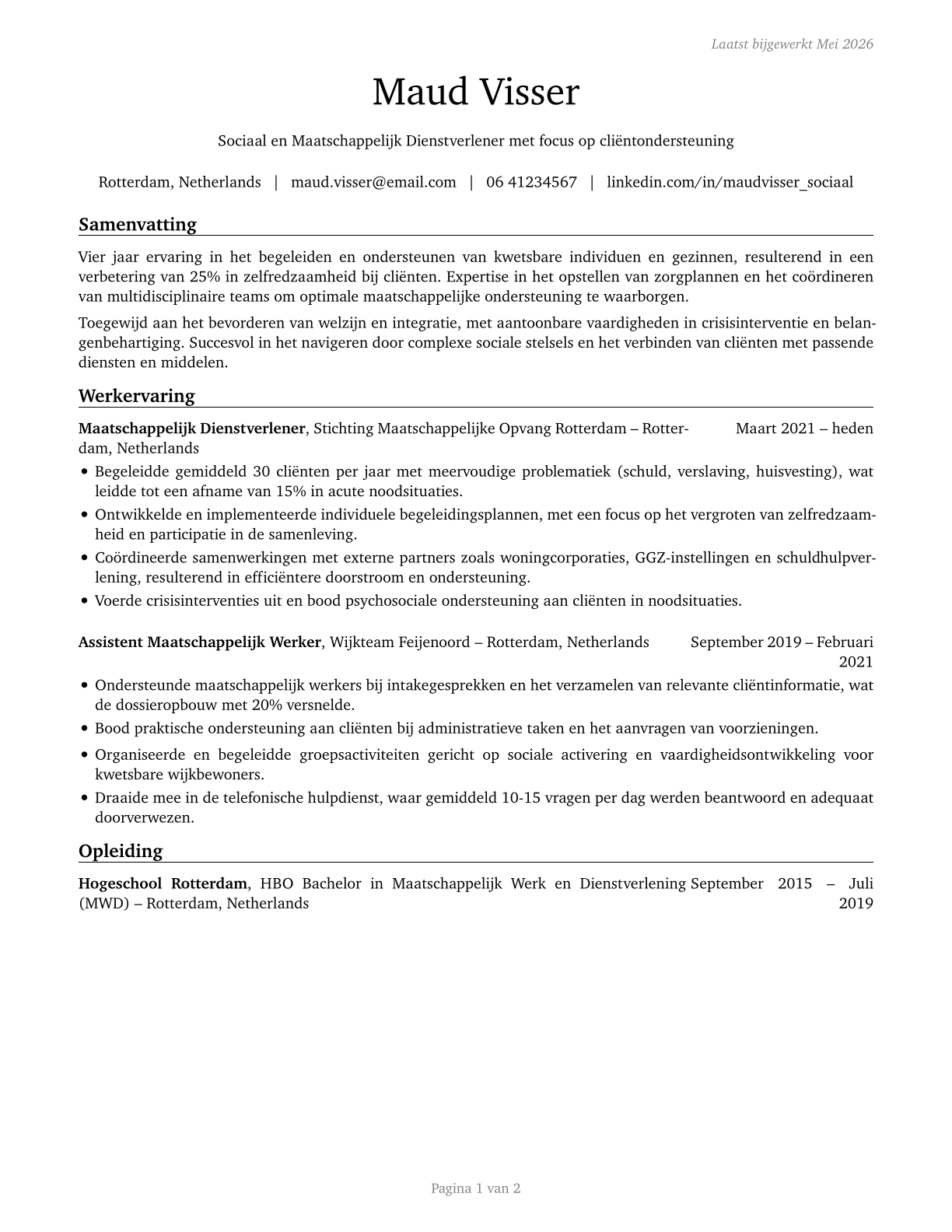 Social and Human Service Assistants CV in Dutch — page 1