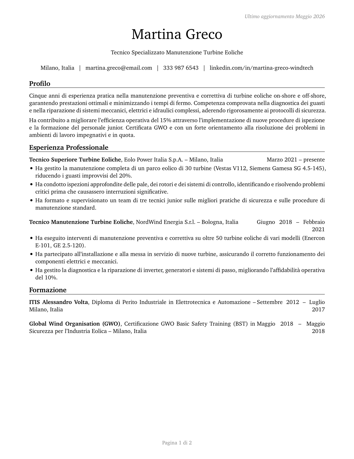 Wind Turbine Service Technicians CV in Italian — page 1
