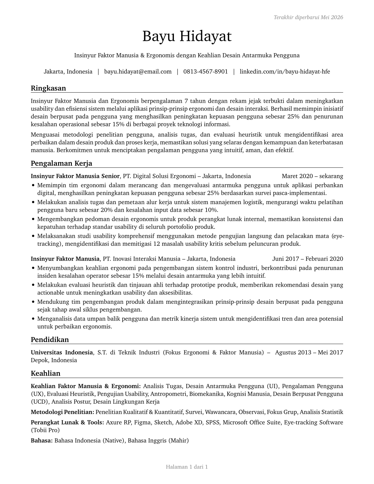Human Factors Engineers and Ergonomists CV in Indonesian — page 1
