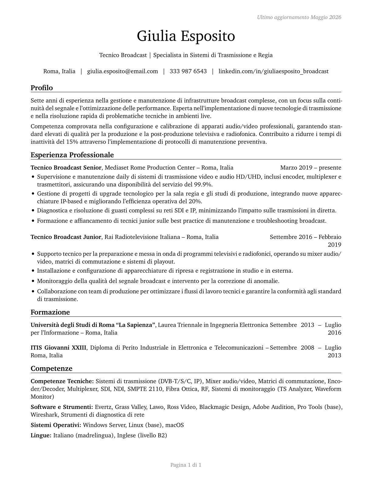 Broadcast Technicians CV in Italian — page 1