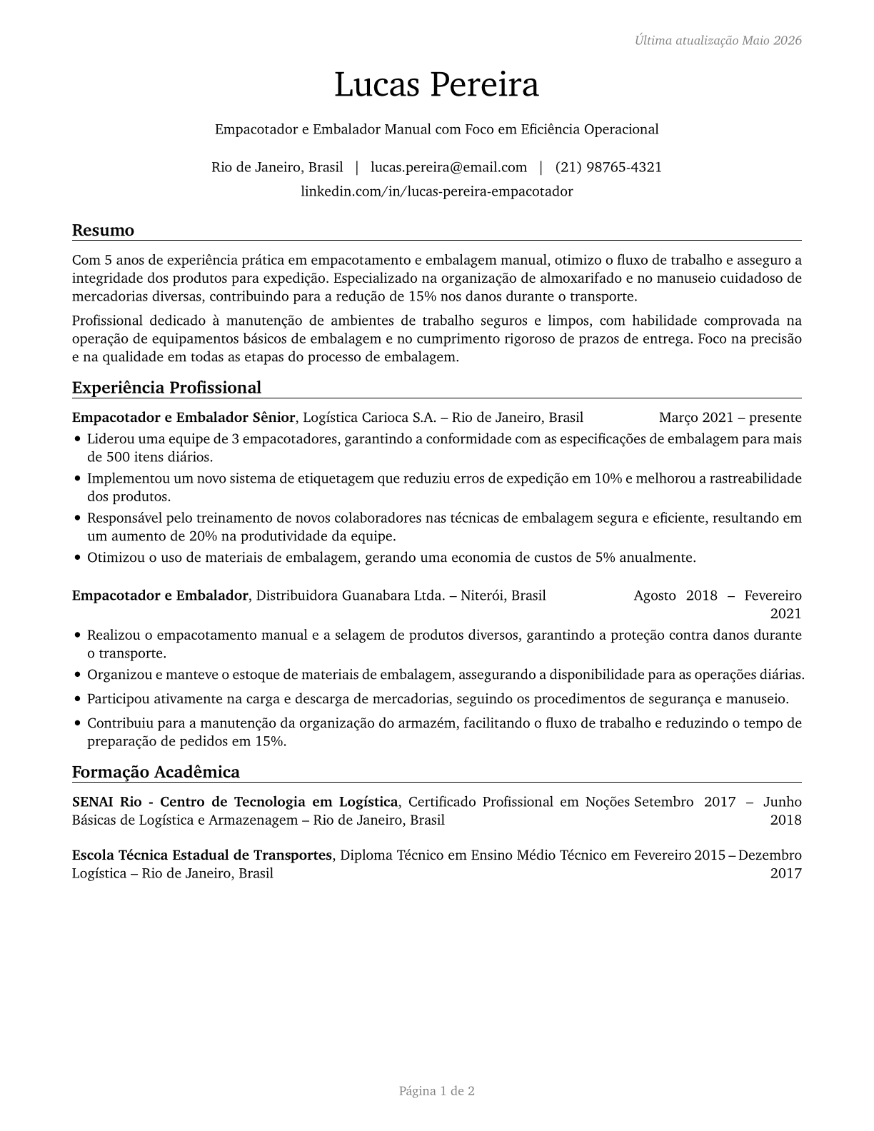 Packers and Packagers, Hand CV in Portuguese — page 1