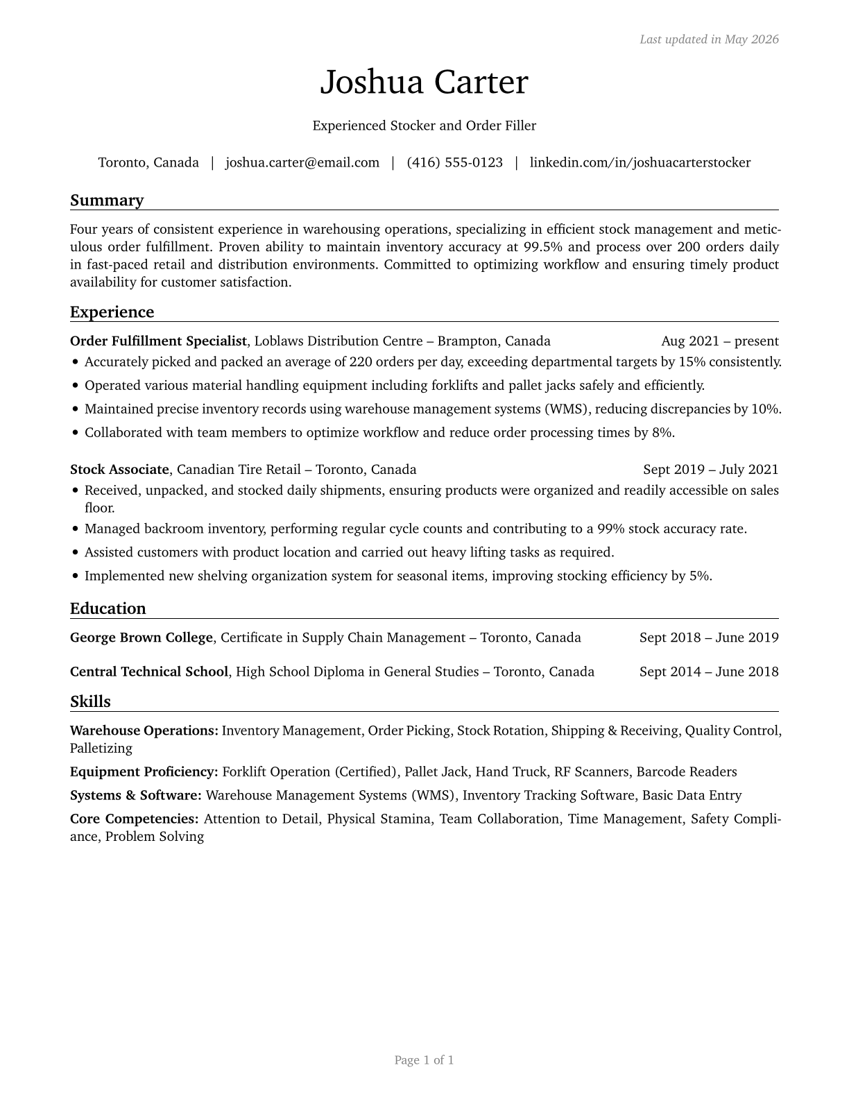 Stockers and Order Fillers CV in English — page 1