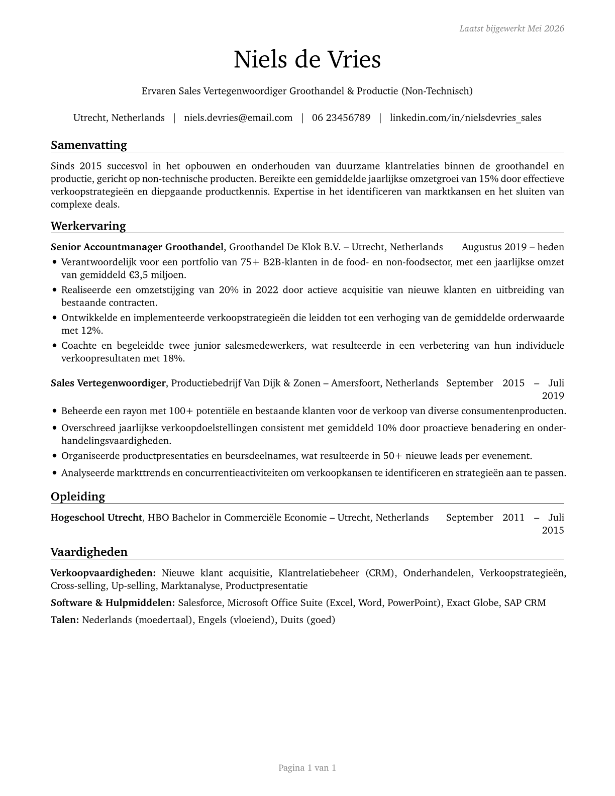 Sales Representatives, Wholesale and Manufacturing, Except Technical and Scientific Products CV in Dutch — page 1