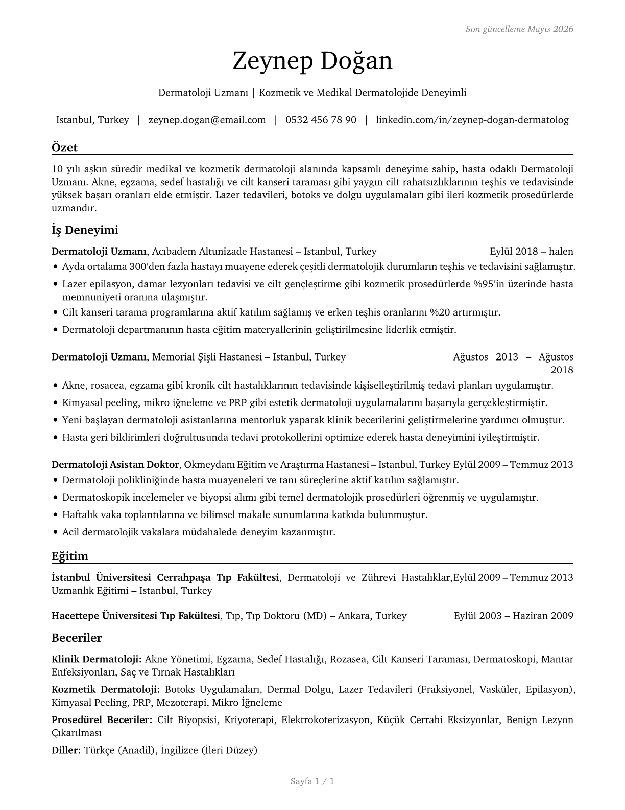 Dermatologists CV in Turkish — page 1