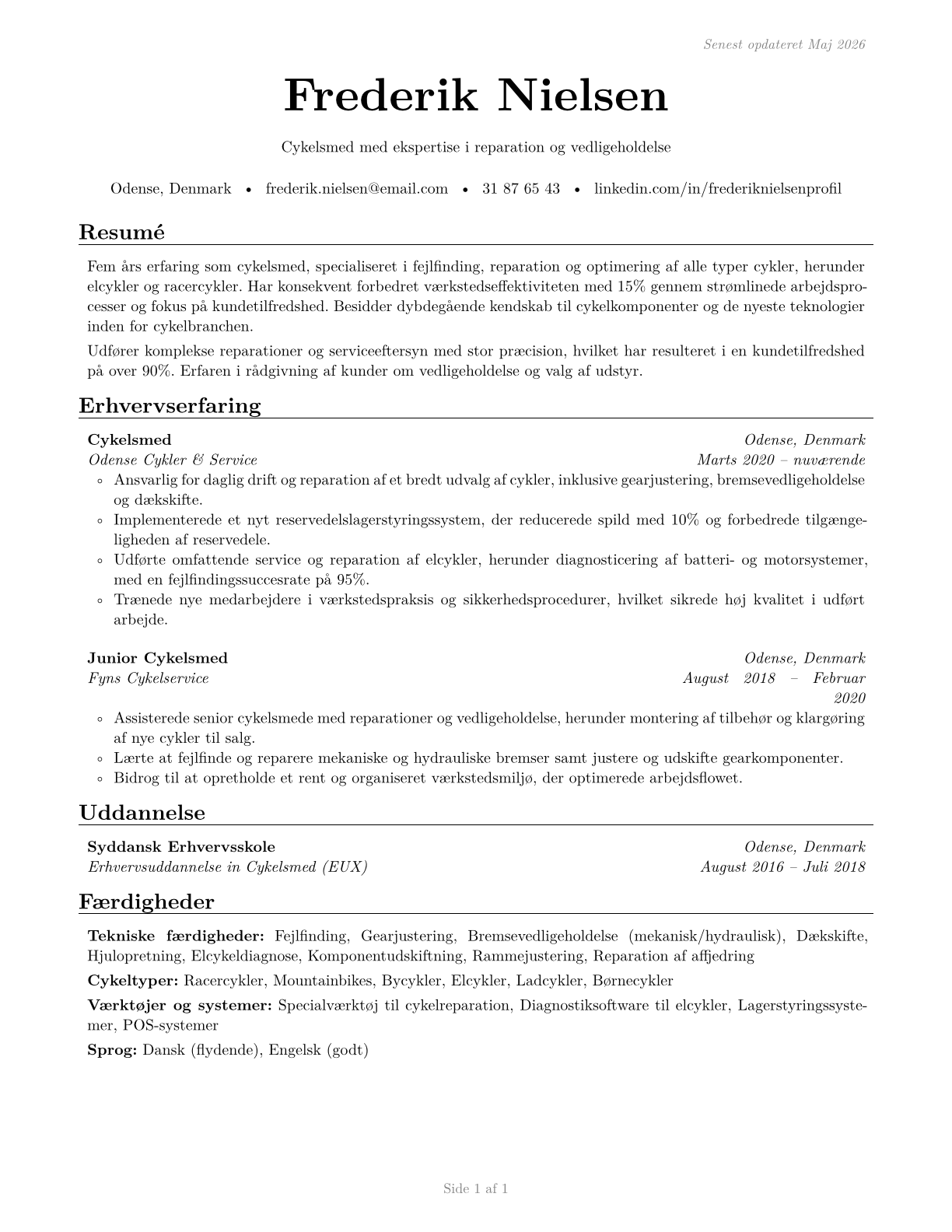 Bicycle Repairers CV in Danish — page 1