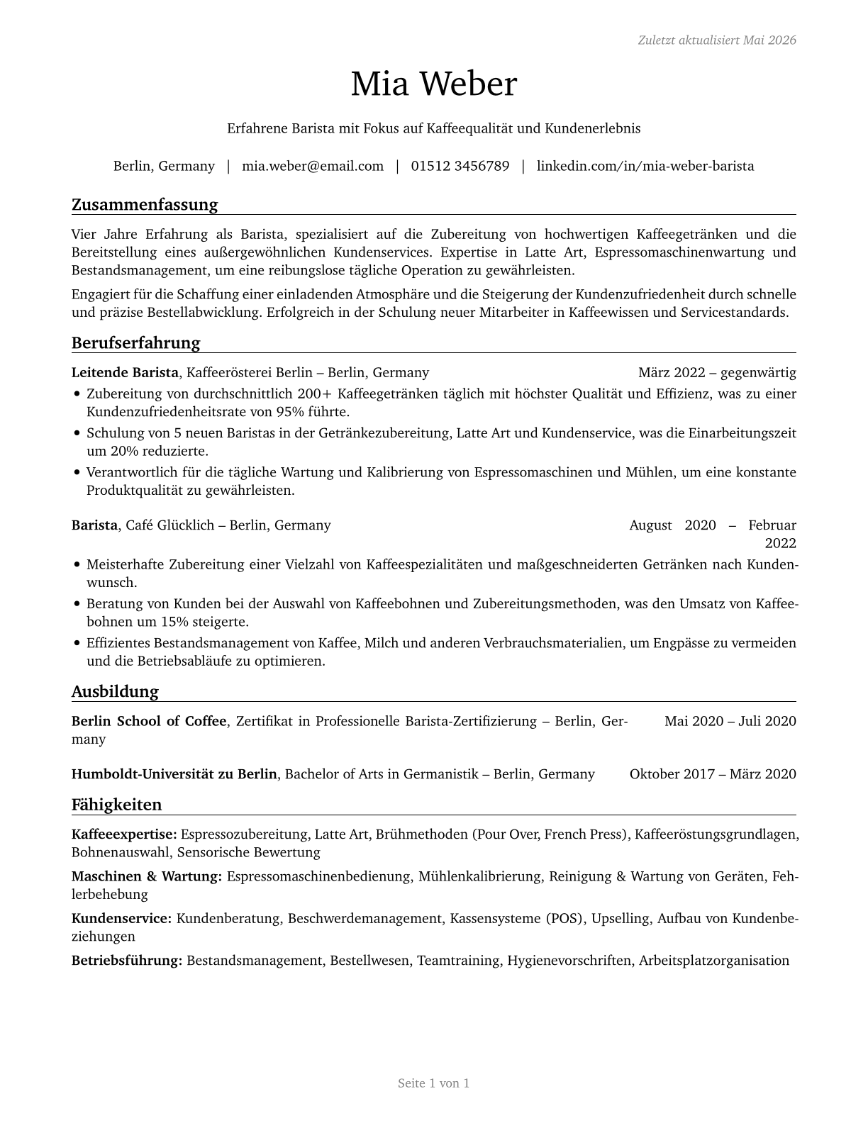 Baristas CV in German — page 1