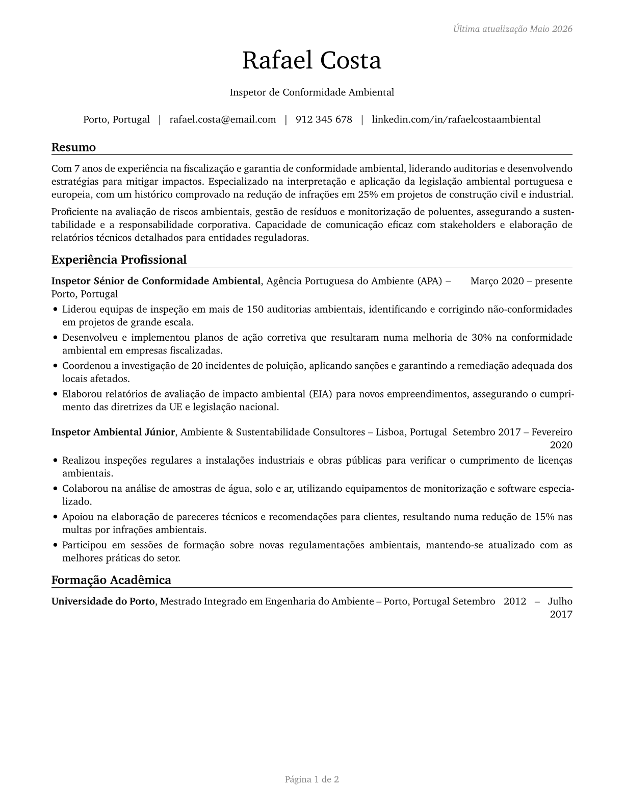 Environmental Compliance Inspectors CV in Portuguese — page 1