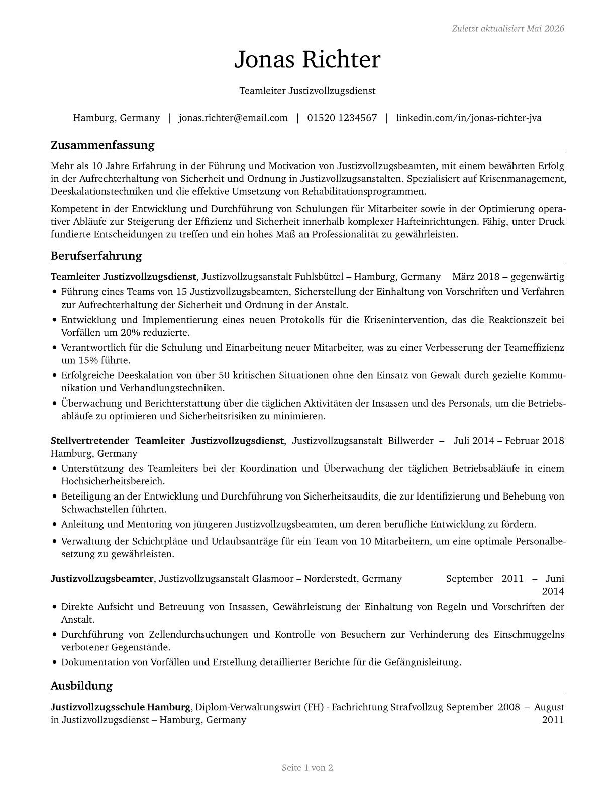 First-Line Supervisors of Correctional Officers CV in German — page 1