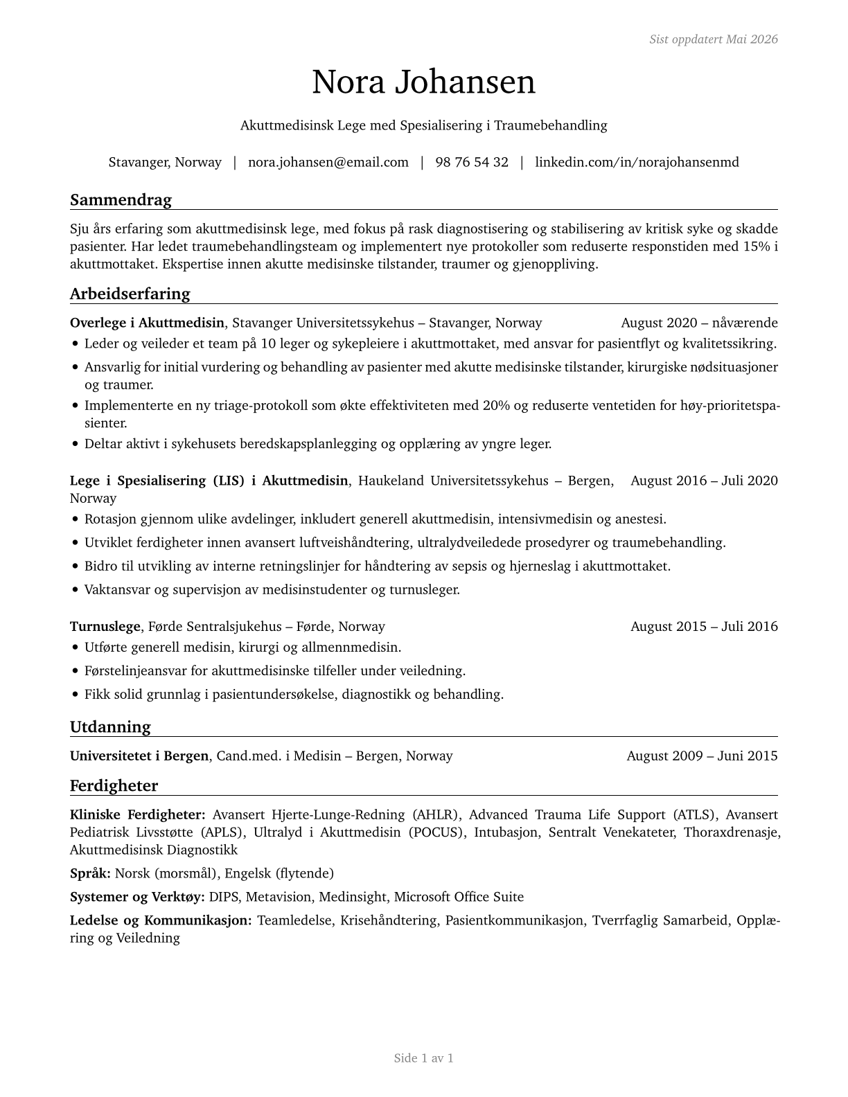 Emergency Medicine Physicians CV in Norwegian_bokmal — page 1