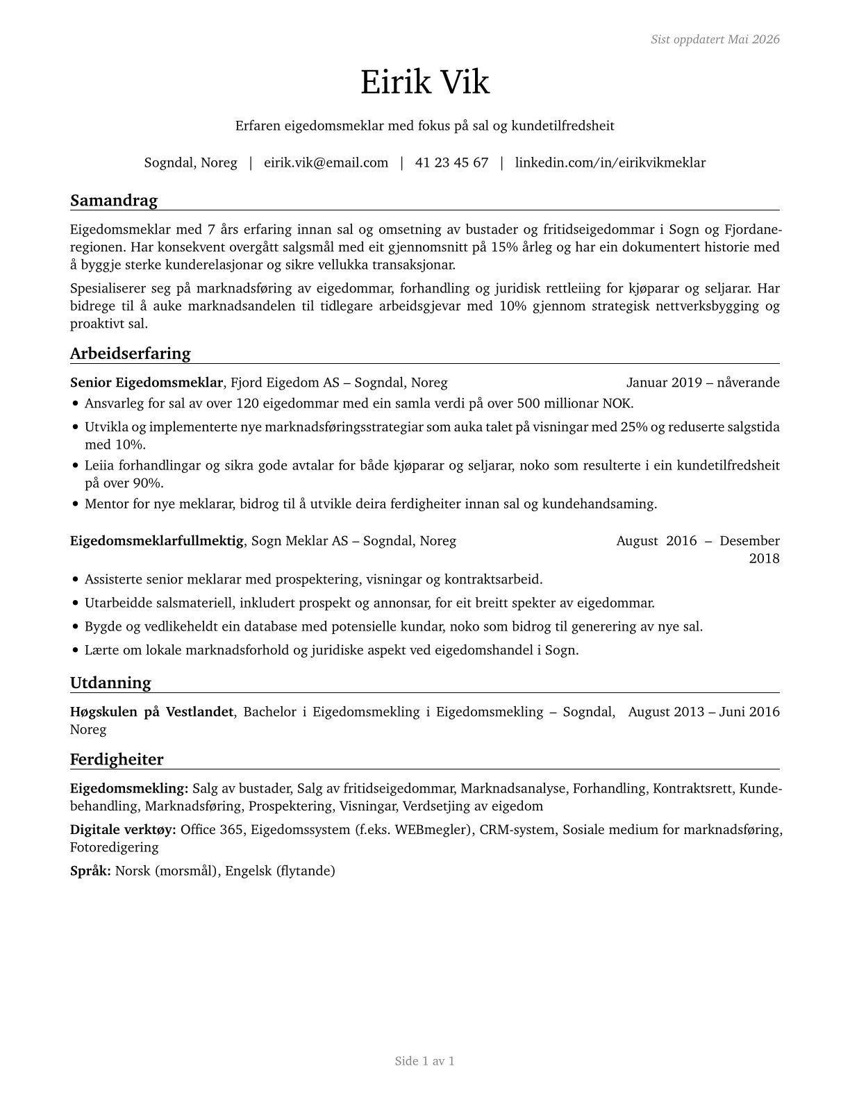 Real Estate Sales Agents CV in Norwegian_nynorsk — page 1