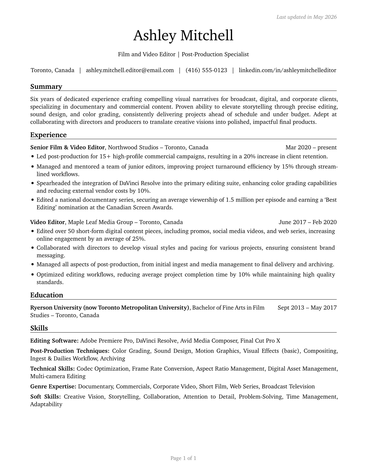 Film and Video Editors CV in English — page 1