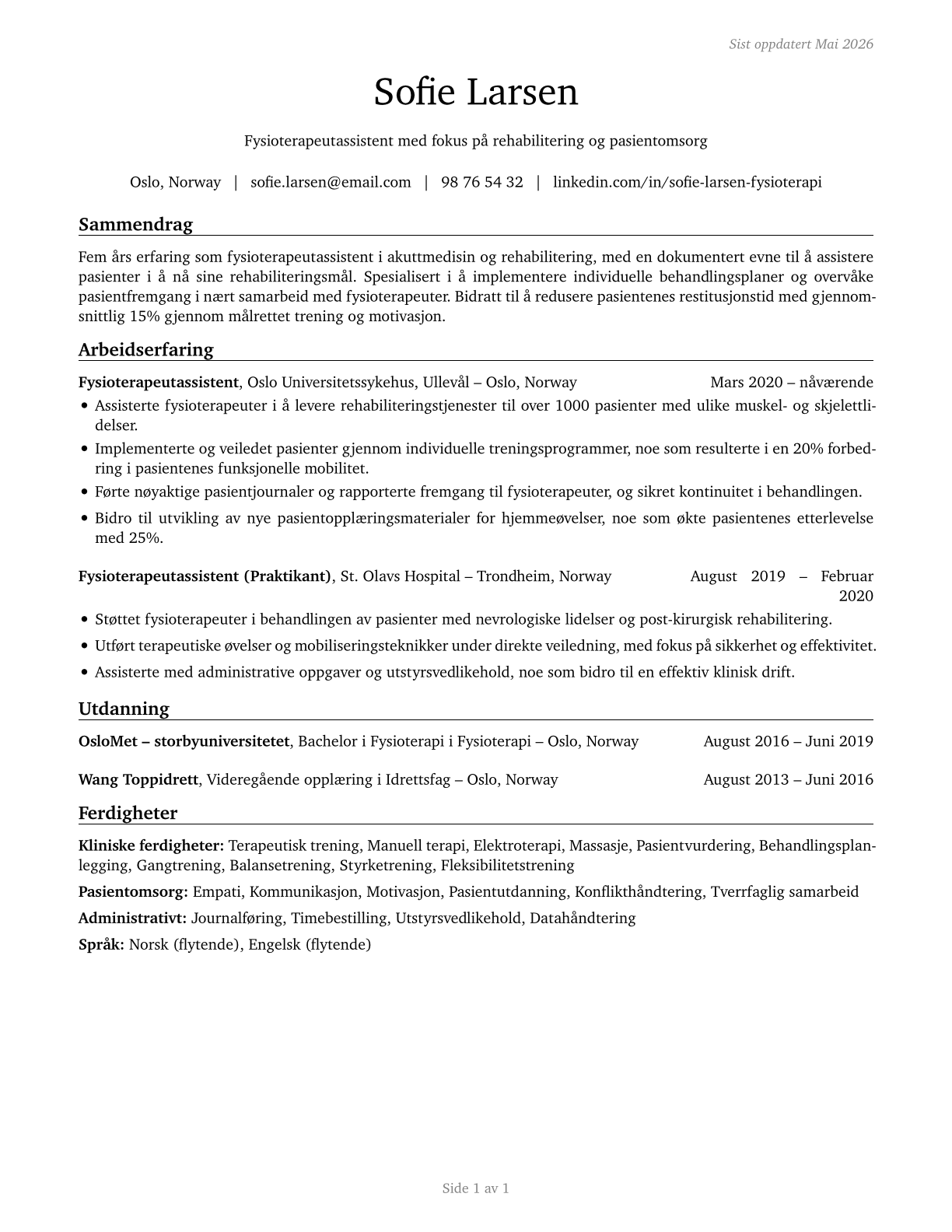 Physical Therapist Assistants CV in Norwegian_bokmal — page 1