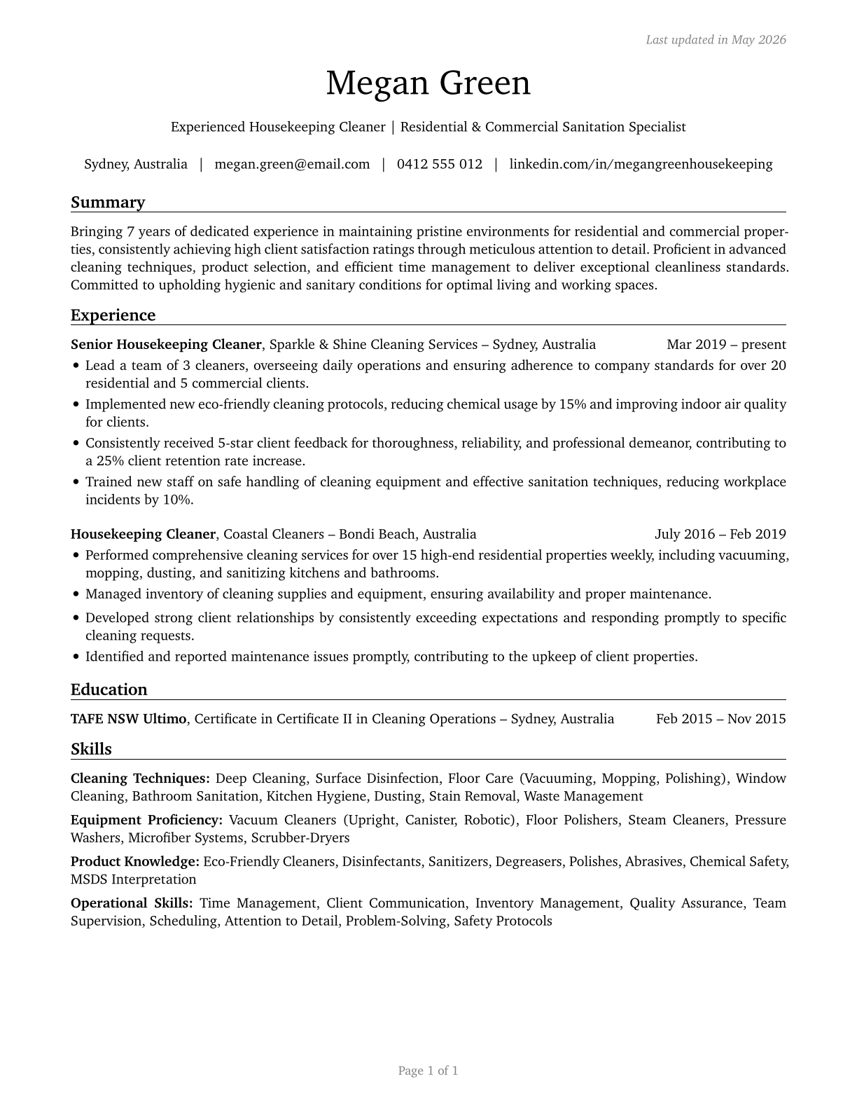 Maids and Housekeeping Cleaners CV in English — page 1