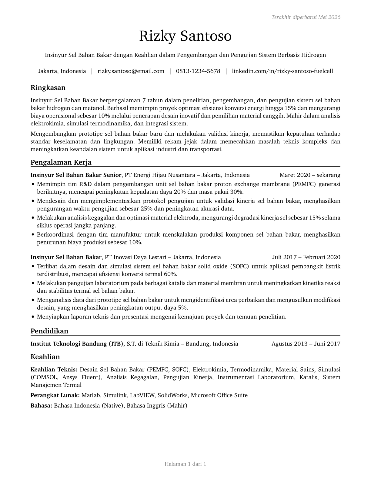 Fuel Cell Engineers CV in Indonesian — page 1