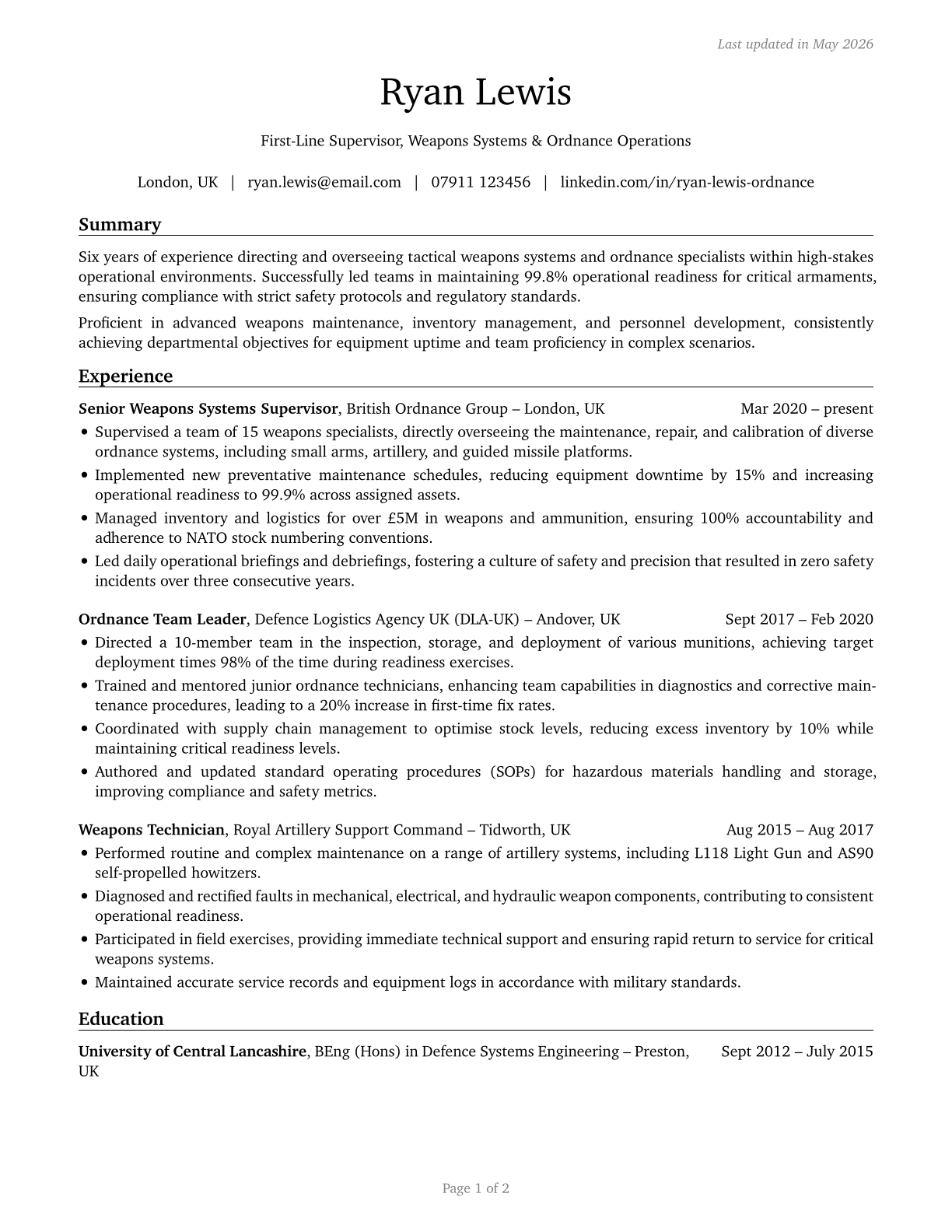 First-Line Supervisors of Weapons Specialists/Crew Members CV in English — page 1