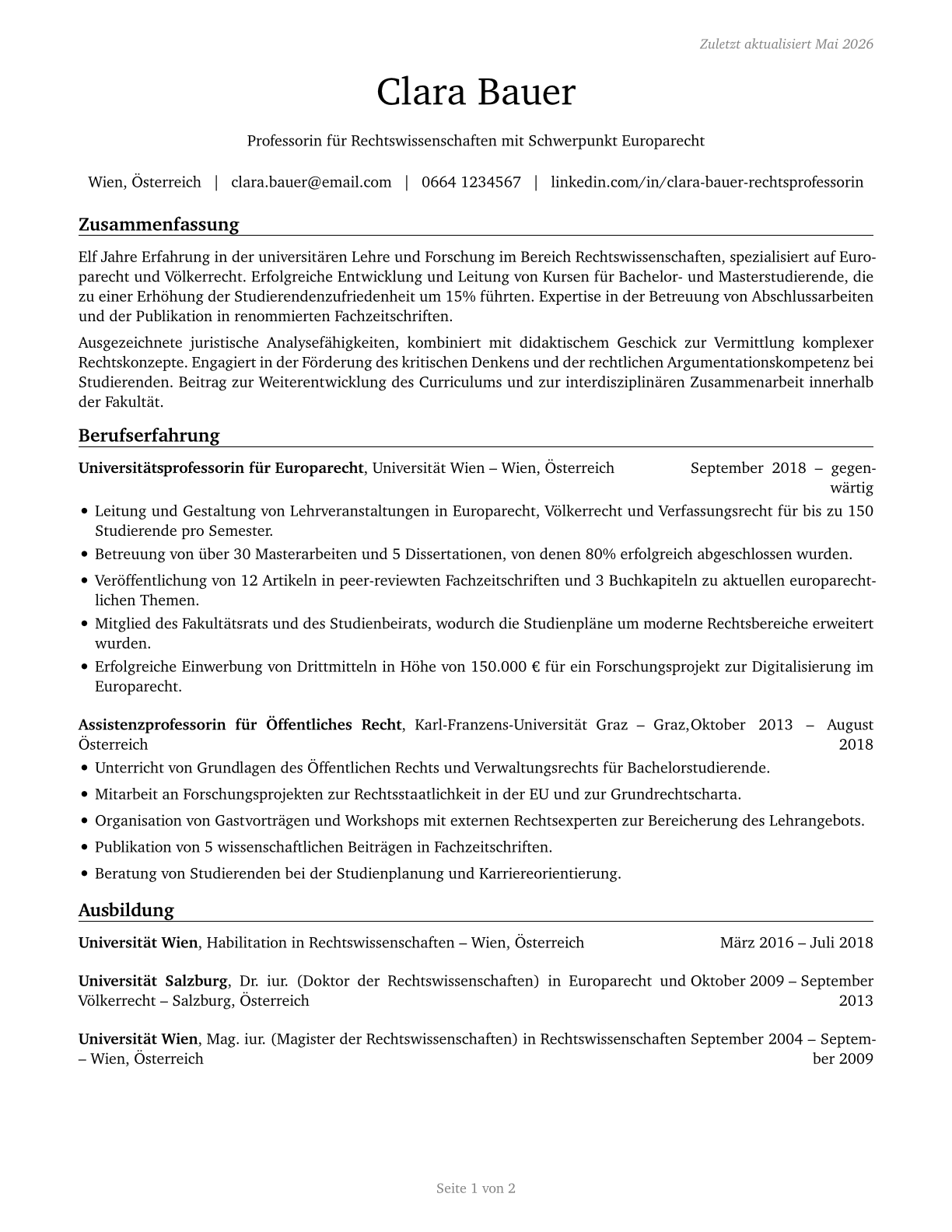 Law Teachers, Postsecondary CV in German — page 1