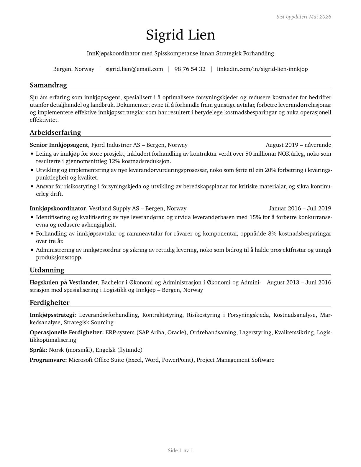 Purchasing Agents, Except Wholesale, Retail, and Farm Products CV in Norwegian_nynorsk — page 1